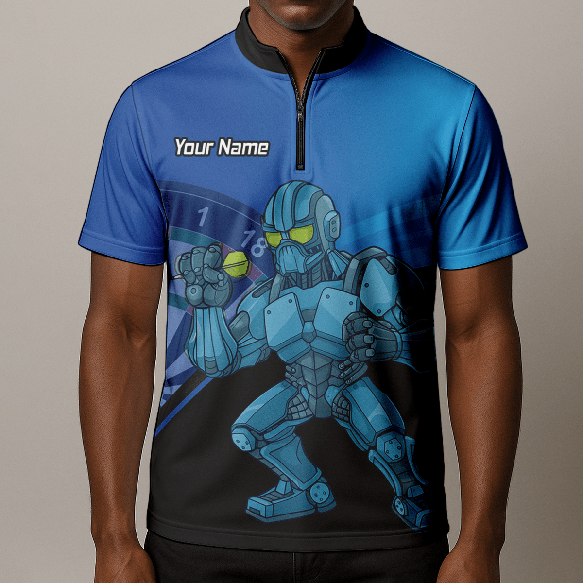 Personalisiertes Herren Poloshirt, Mech Roboter Dart Motiv, Blau Schwarz P6936 - Outfitsuche