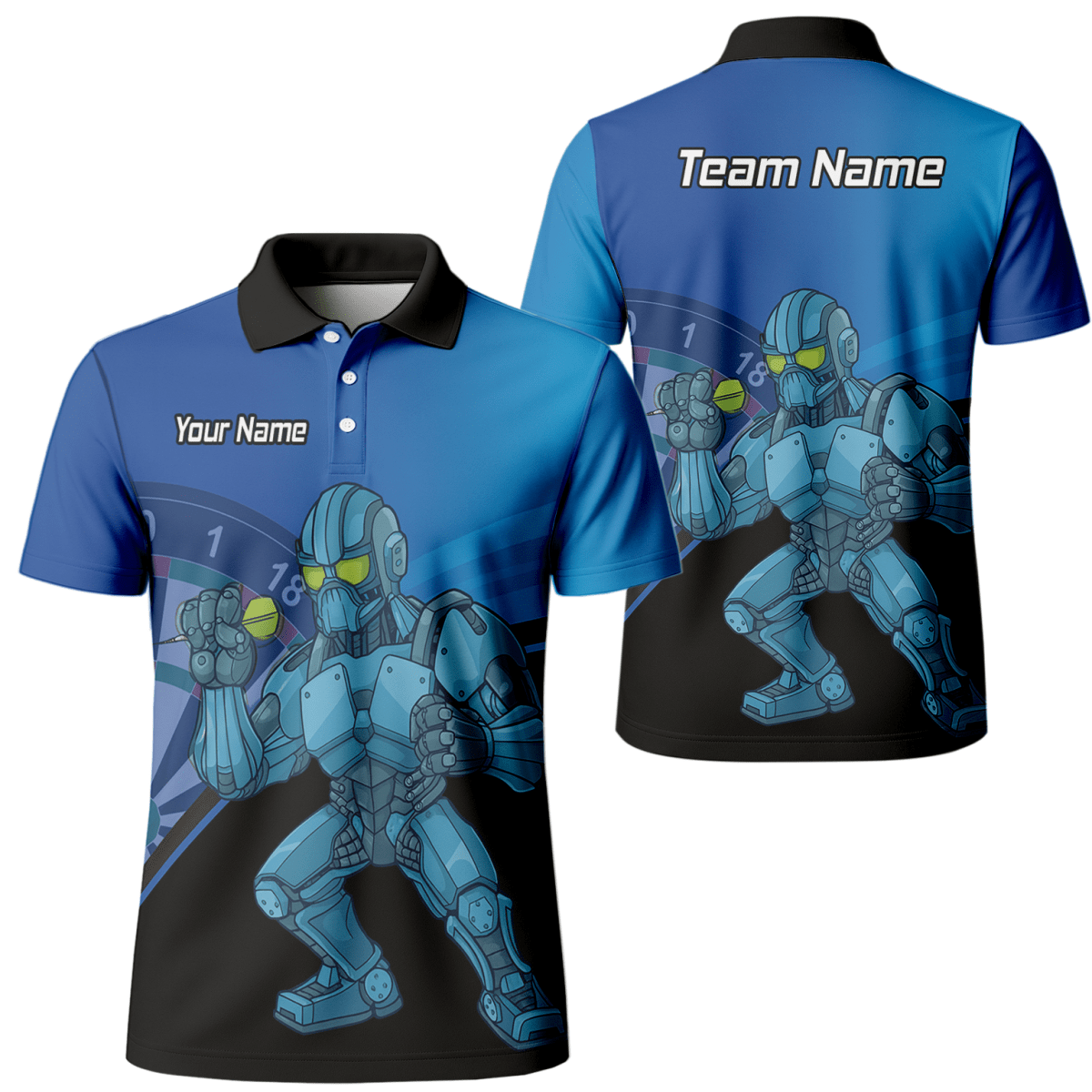 Personalisiertes Herren Poloshirt, Mech Roboter Dart Motiv, Blau Schwarz P6936 - Outfitsuche