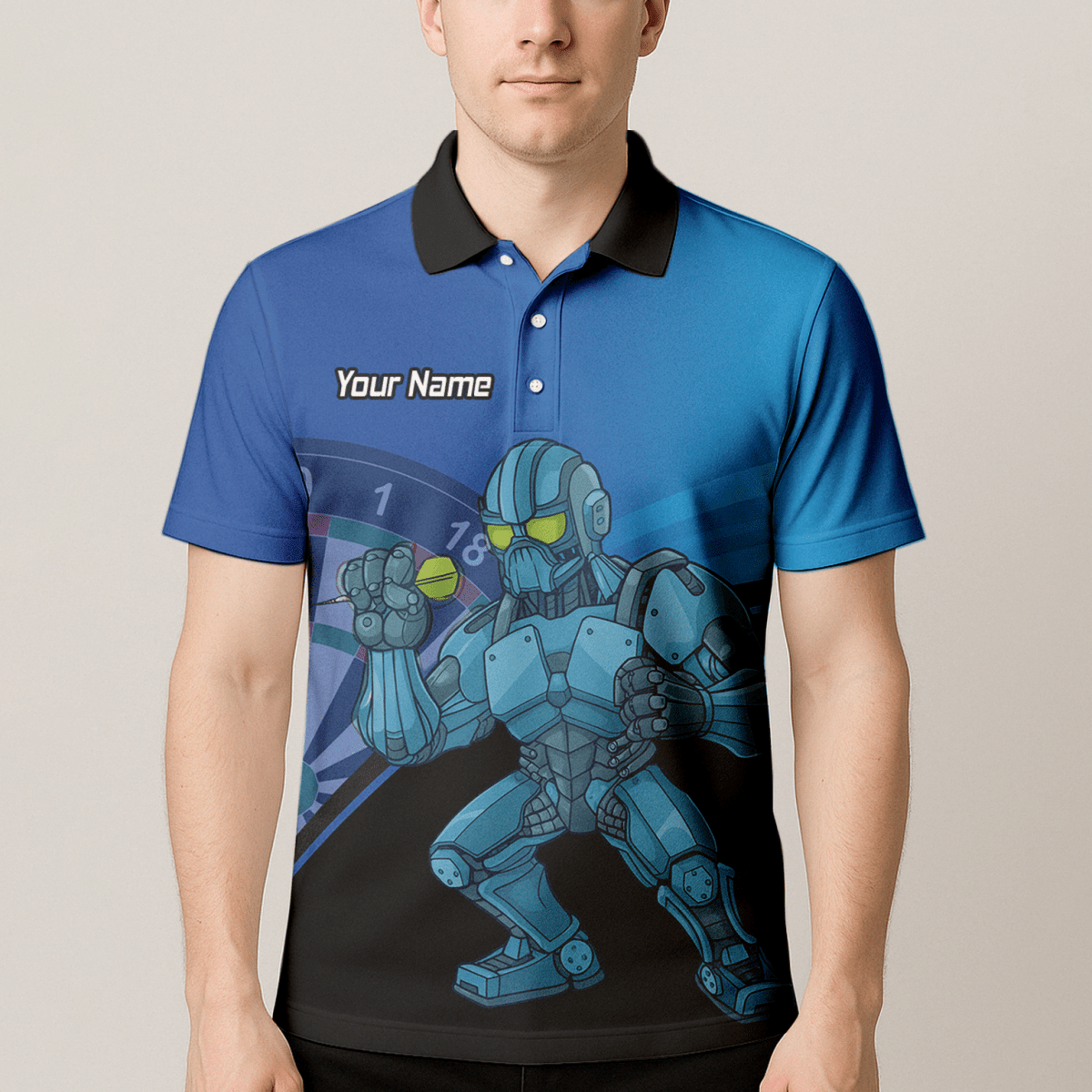 Personalisiertes Herren Poloshirt, Mech Roboter Dart Motiv, Blau Schwarz P6936 - Outfitsuche