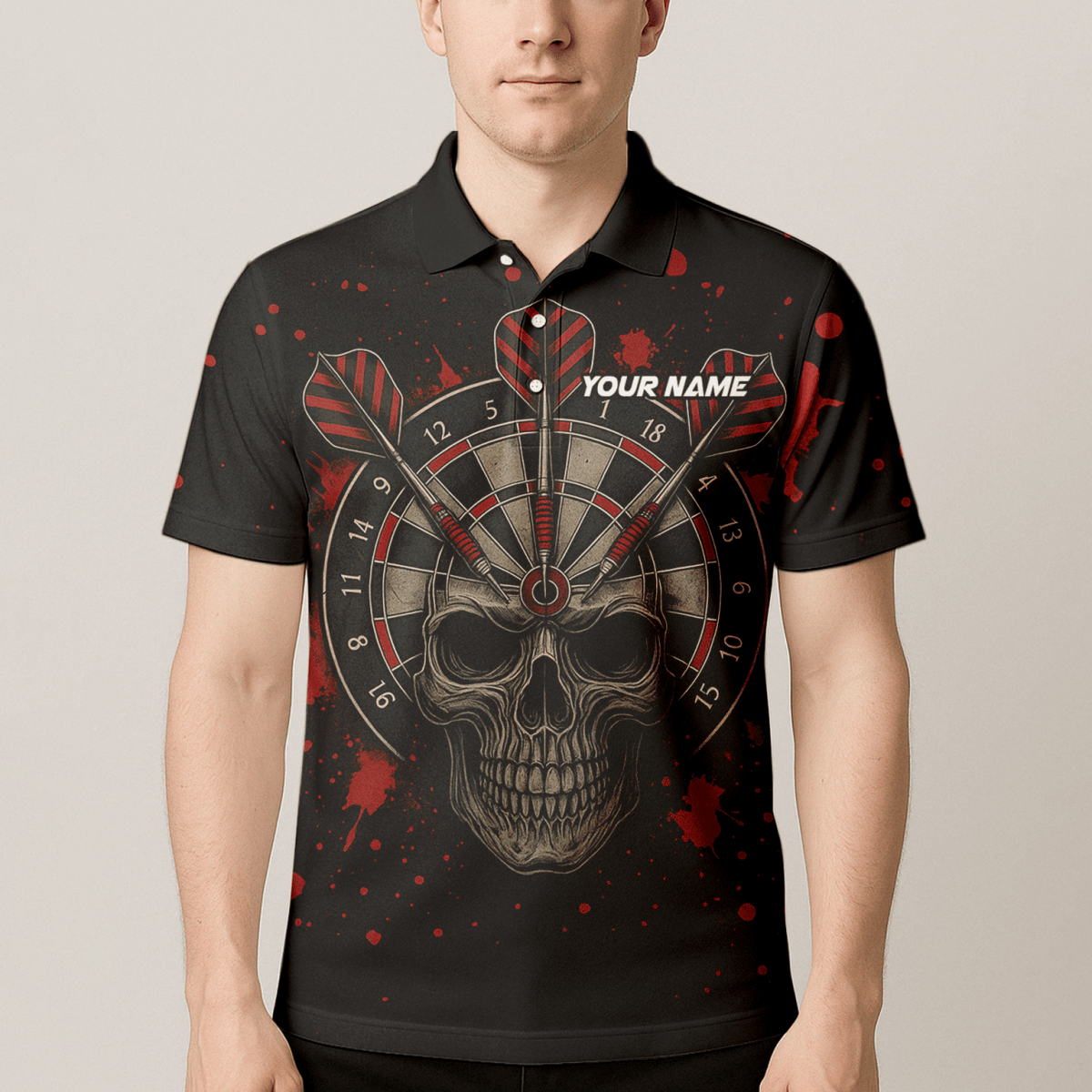 Personalisiertes Herren Poloshirt mit coolem Hai im Darts - Modus – Schwarz/Mehrfarbig X0845 - Outfitsuche