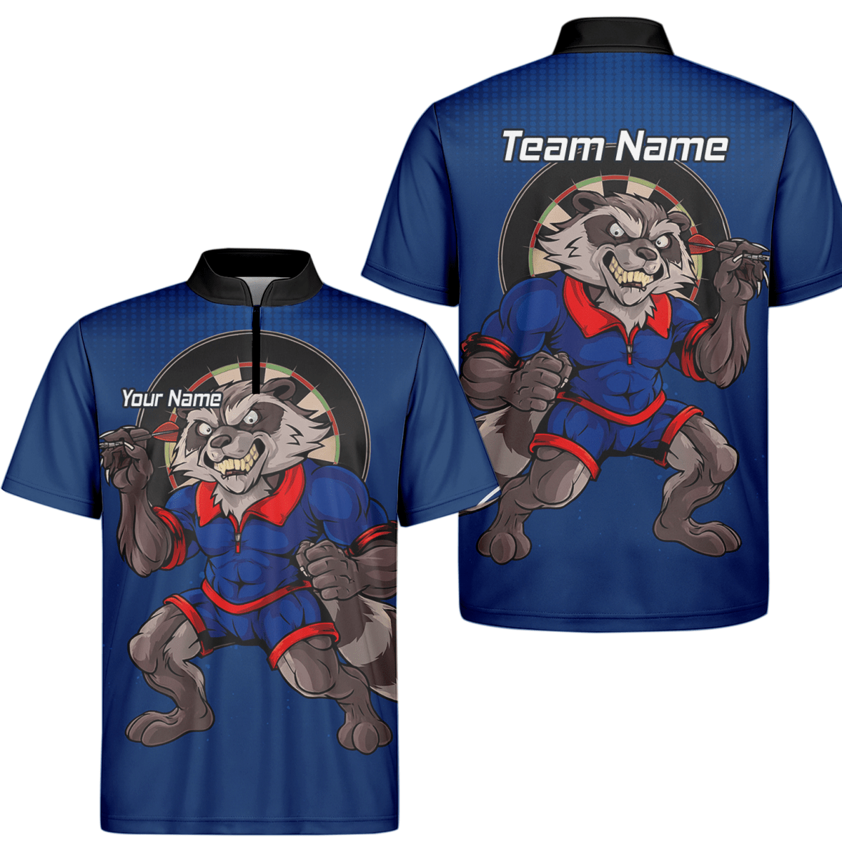 Personalisiertes Herren Poloshirt mit Wunschname – Waschbär Dart Team Shirt Blau Rot Y3391 - Outfitsuche