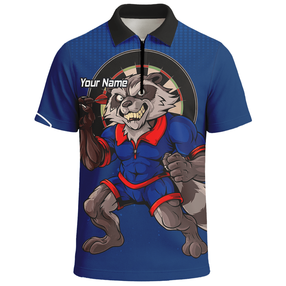 Personalisiertes Herren Poloshirt mit Wunschname – Waschbär Dart Team Shirt Blau Rot Y3391 - Outfitsuche