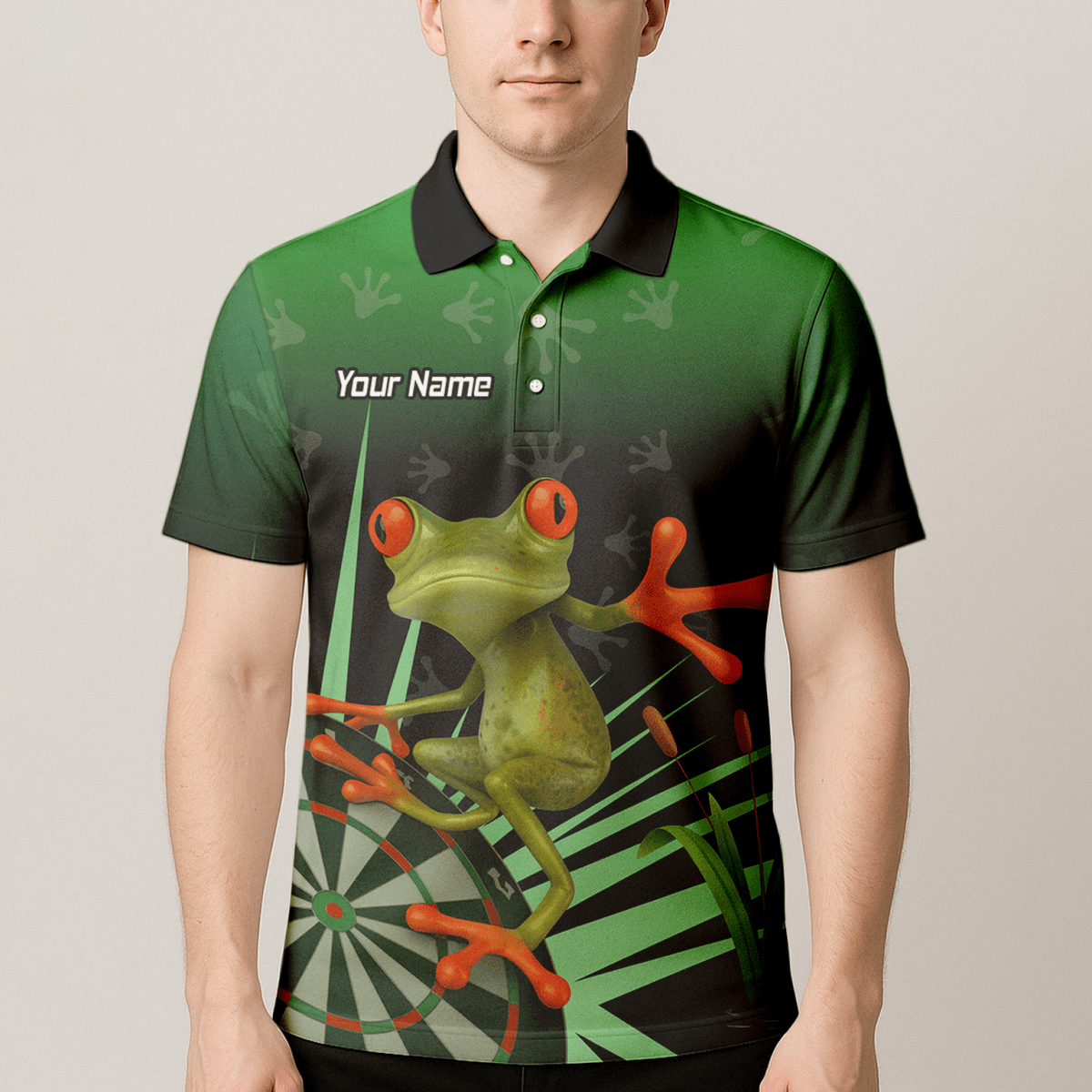 Personalisiertes Herren Poloshirt Rotaugenlaubfrosch Darts Motiv Grün - Schwarz I4840 - Outfitsuche