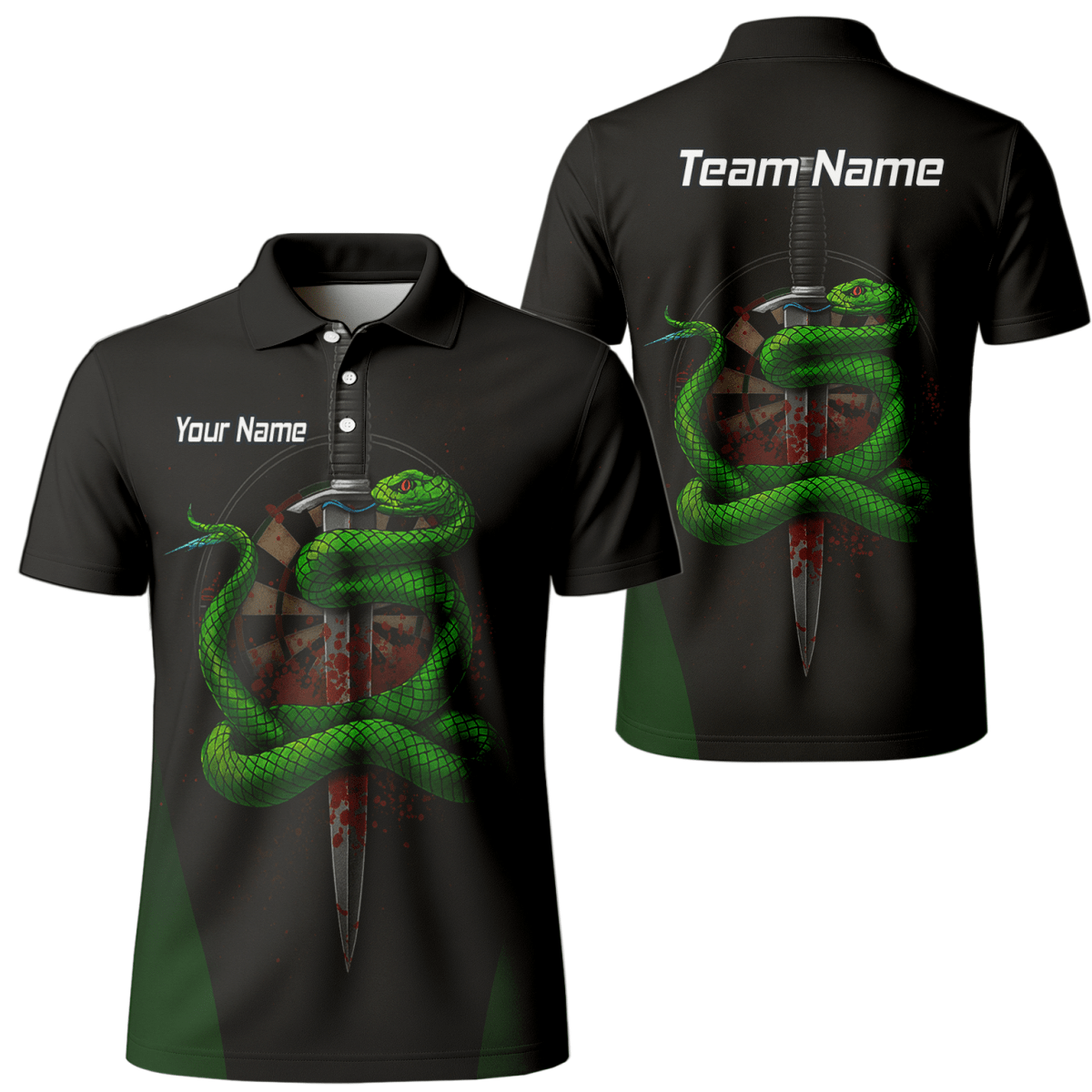 Personalisiertes Herren Poloshirt Schwarz – Grüne Schlange, Dolch - Darts & Blutspritzer Design G2717 - Outfitsuche