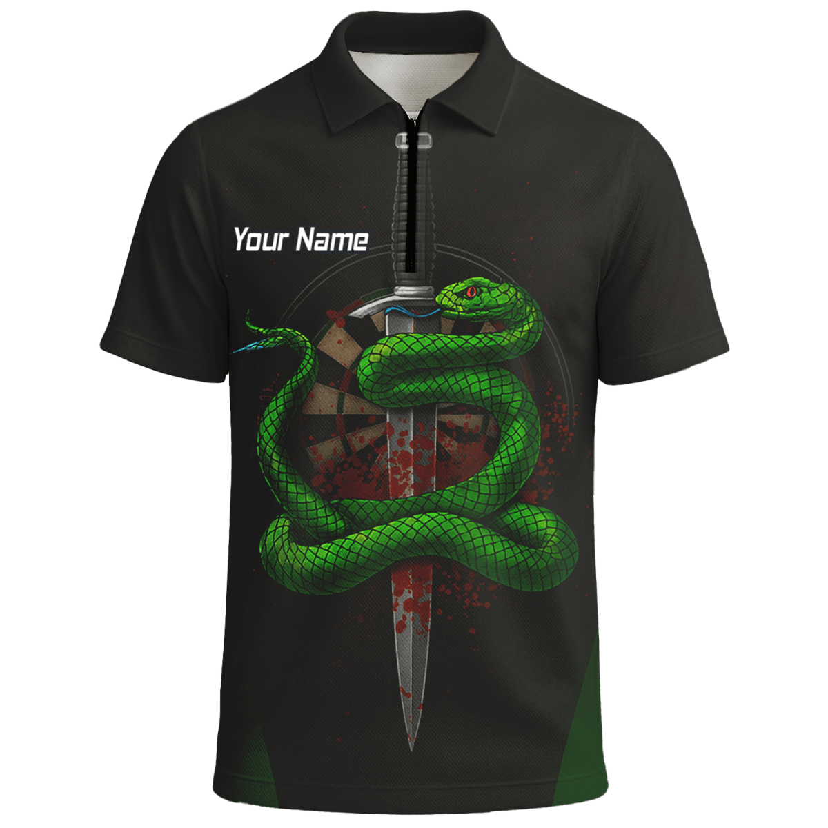 Personalisiertes Herren Poloshirt Schwarz – Grüne Schlange, Dolch - Darts & Blutspritzer Design G2717 - Outfitsuche