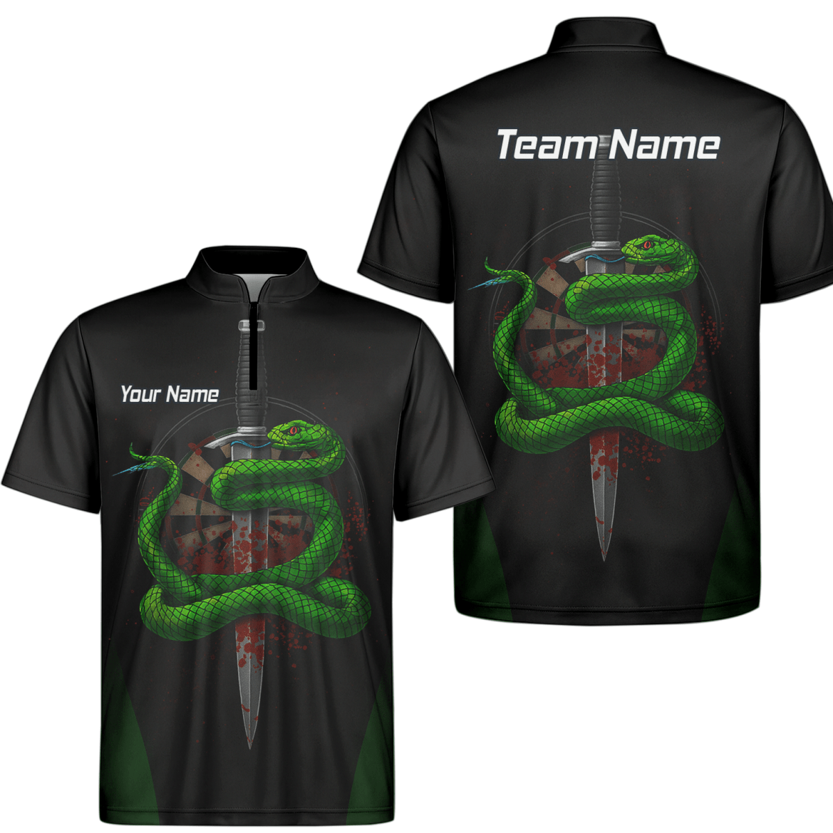 Personalisiertes Herren Poloshirt Schwarz – Grüne Schlange, Dolch - Darts & Blutspritzer Design G2717 - Outfitsuche