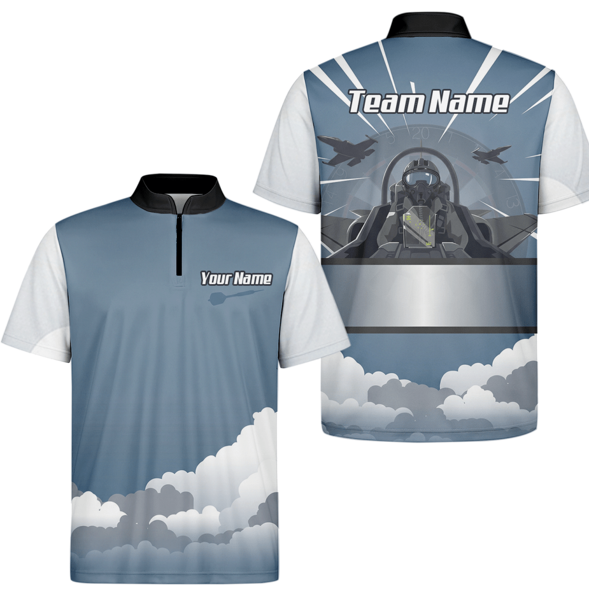Personalisiertes Kampfjet Dart - Trikot Polo mit Reißverschluss Blau Grau Weiß für Herren - Individuelles Piloten - Design K8201 - Outfitsuche