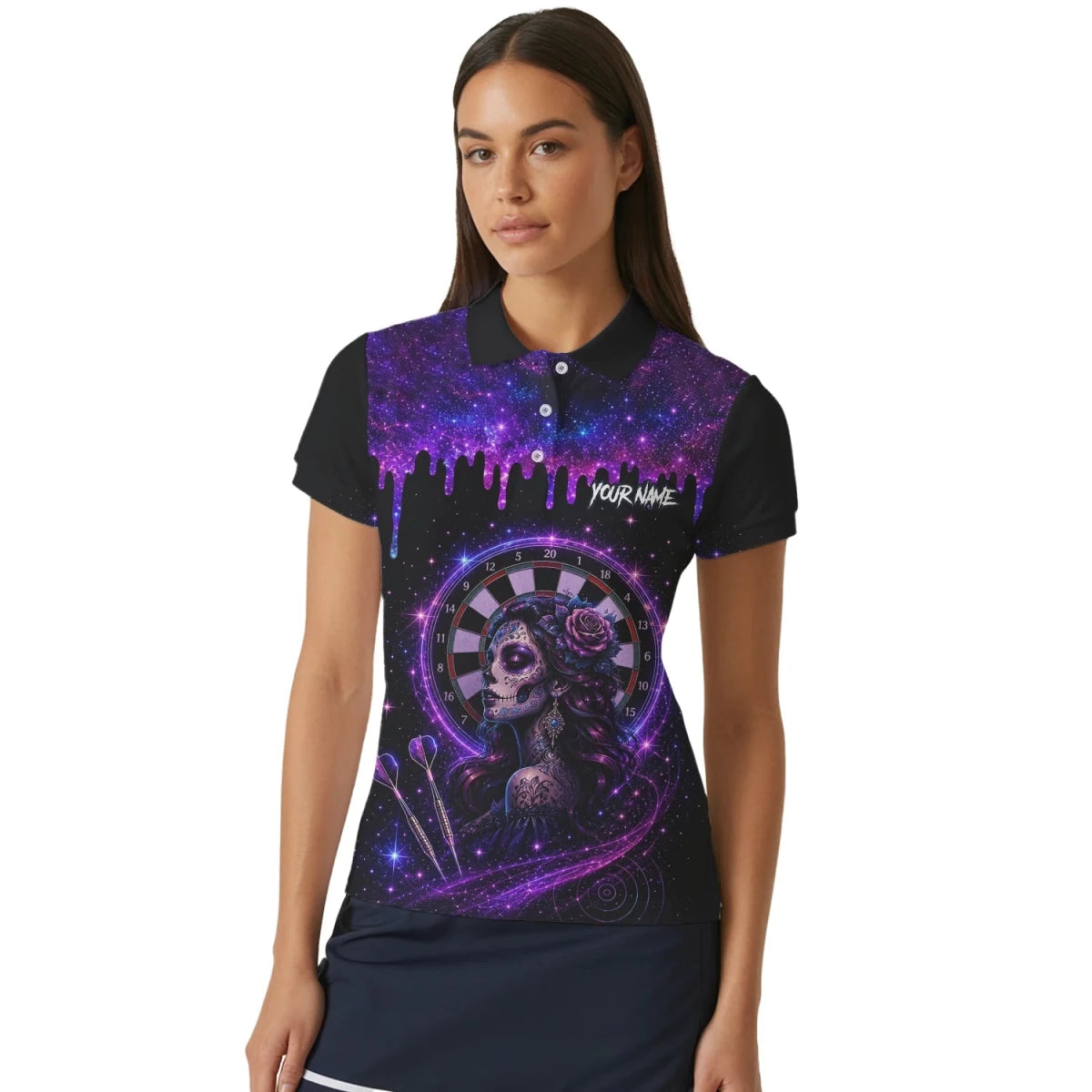 Personalisiertes Lila Galaxie Sugar-Skull-Dartshirt für Damen Z967 - Outfitsuche