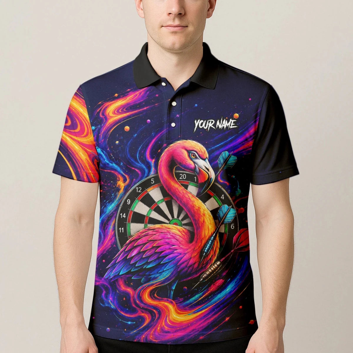 Personalisiertes Neon-Flamingo-Galaxie Dart Poloshirt für Herren D064 - Outfitsuche