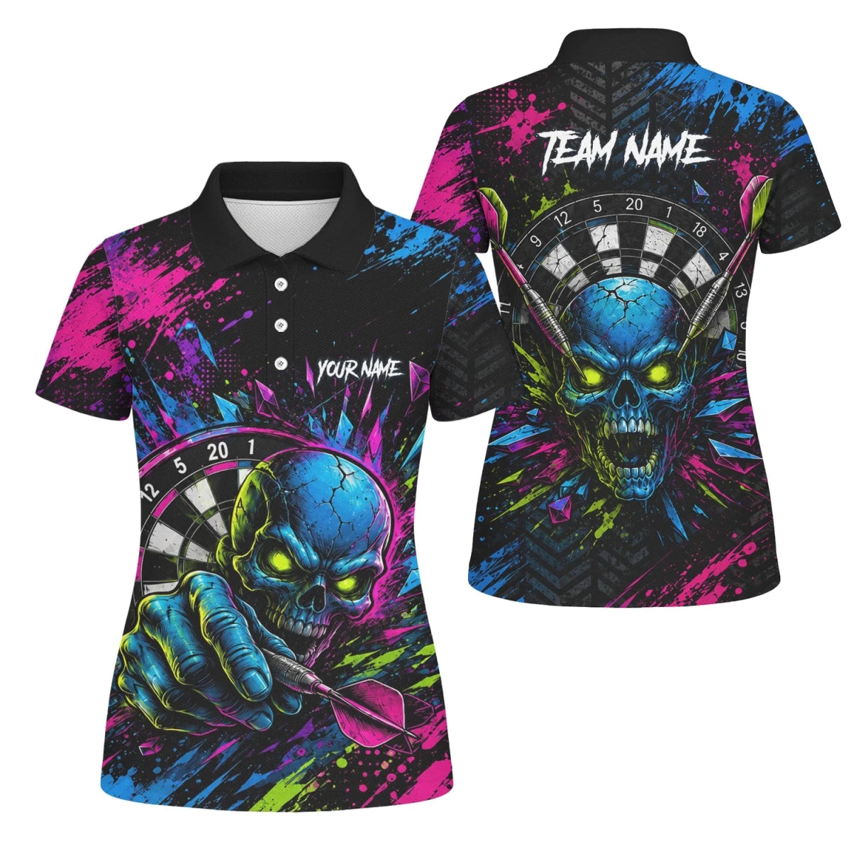 Personalisiertes Neonfarbenes Totenkopf-Dartboard Dartshirt für Damen S232 - Outfitsuche