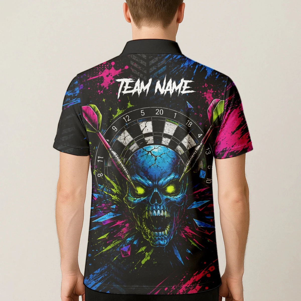Personalisiertes Neonfarbenes Totenkopf-Dartboard Dartshirt für Herren S232 - Outfitsuche