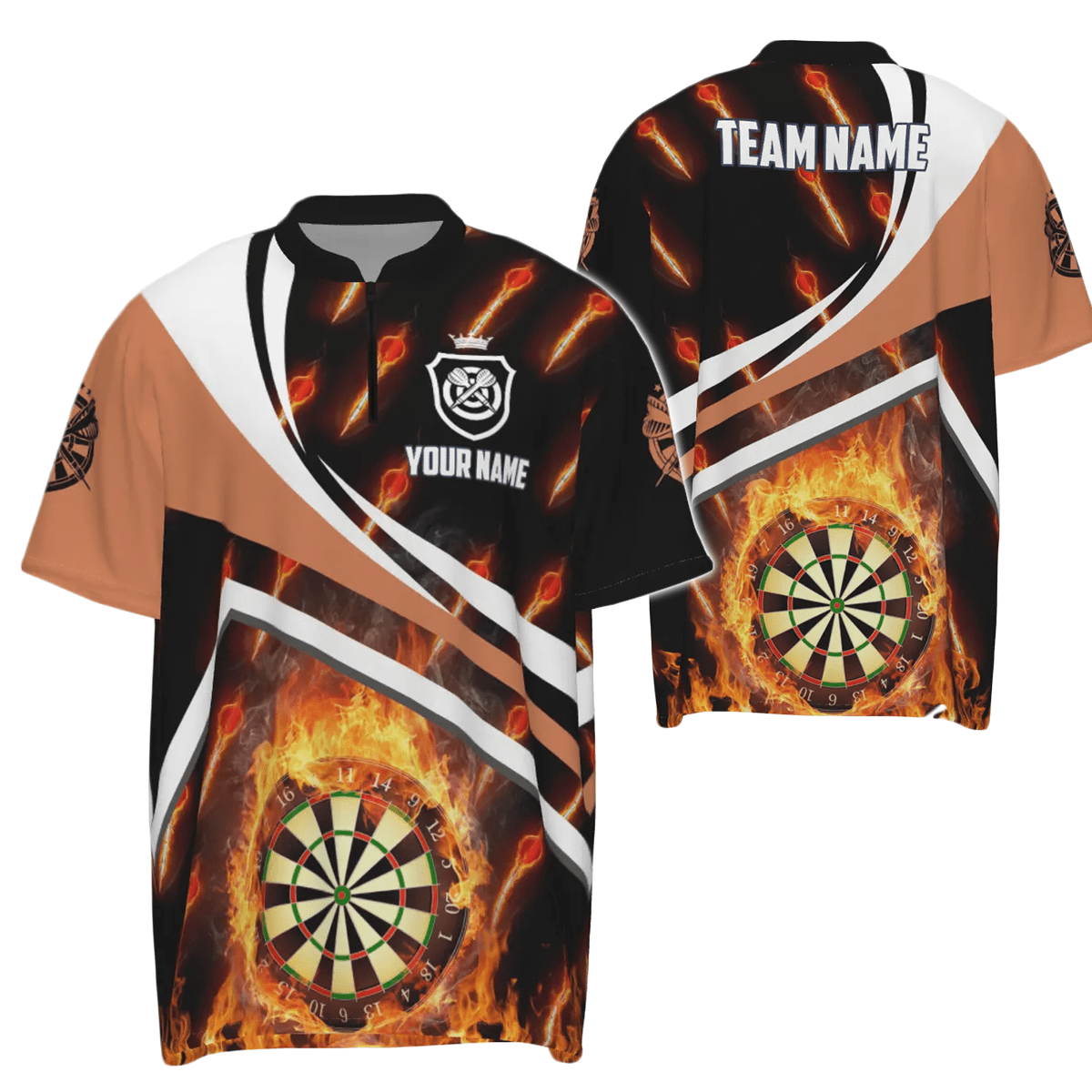 Personalisiertes Orange Feuerflammen-Darts-1/4-Zip-Shirt für Herren, Darts-Shirt, Darts-Trikot Z875 - Outfitsuche