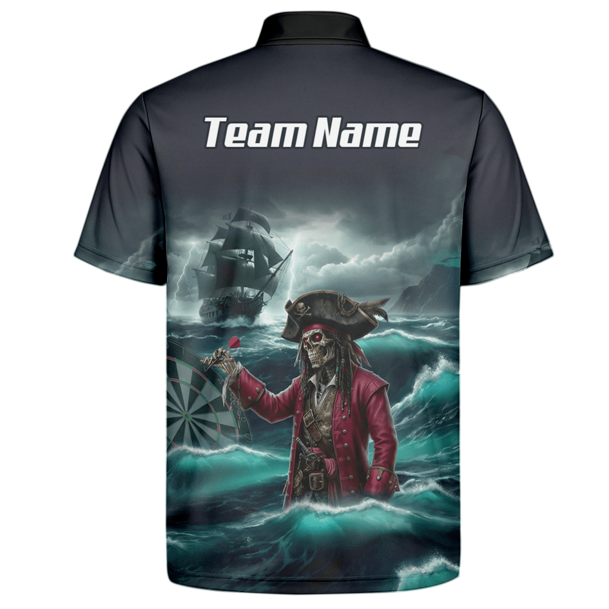 Personalisiertes Piraten - Skelett Dart - Trikot Polo und Reißverschluss für Herren – Geisterschiff Blau Schwarz L3926 - Outfitsuche