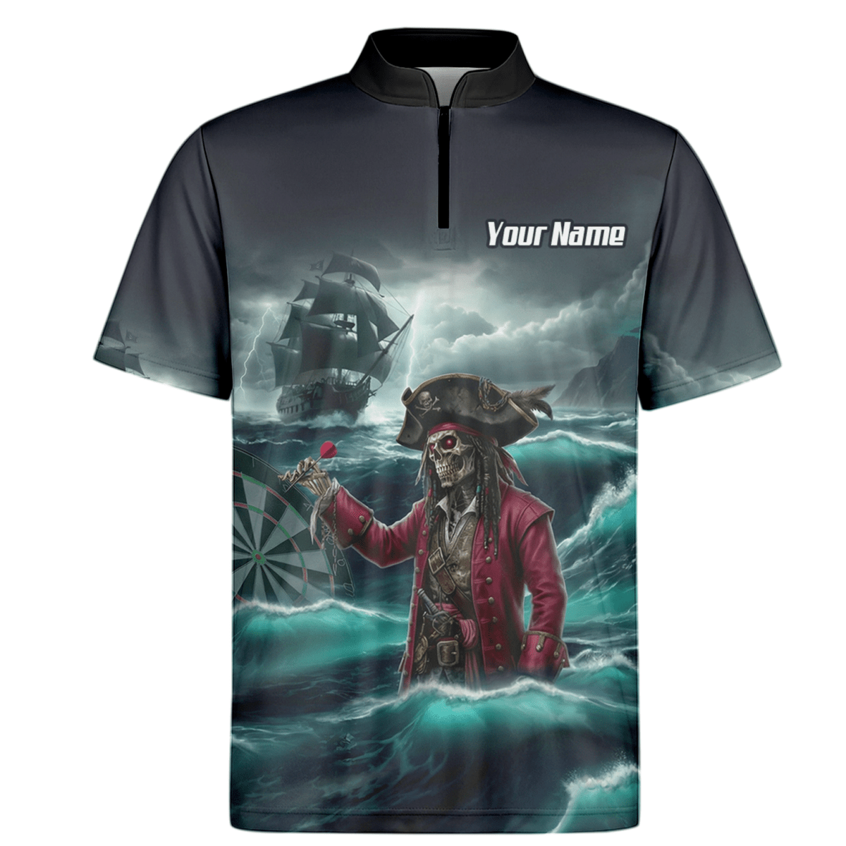 Personalisiertes Piraten - Skelett Dart - Trikot Polo und Reißverschluss für Herren – Geisterschiff Blau Schwarz L3926 - Outfitsuche