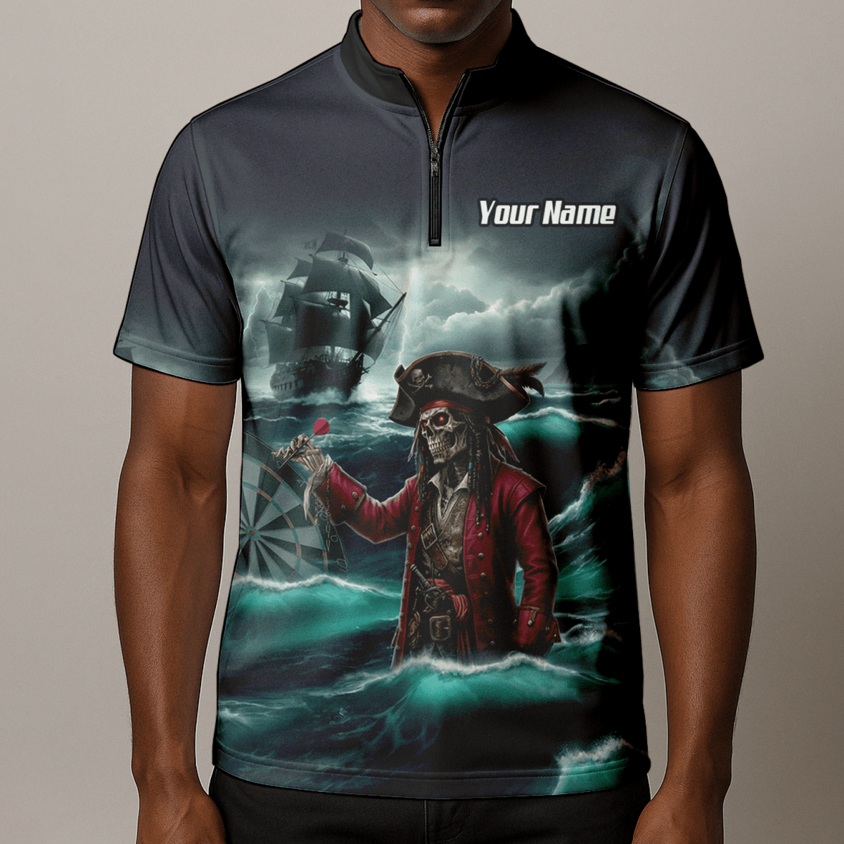 Personalisiertes Piraten - Skelett Dart - Trikot Polo und Reißverschluss für Herren – Geisterschiff Blau Schwarz L3926 - Outfitsuche