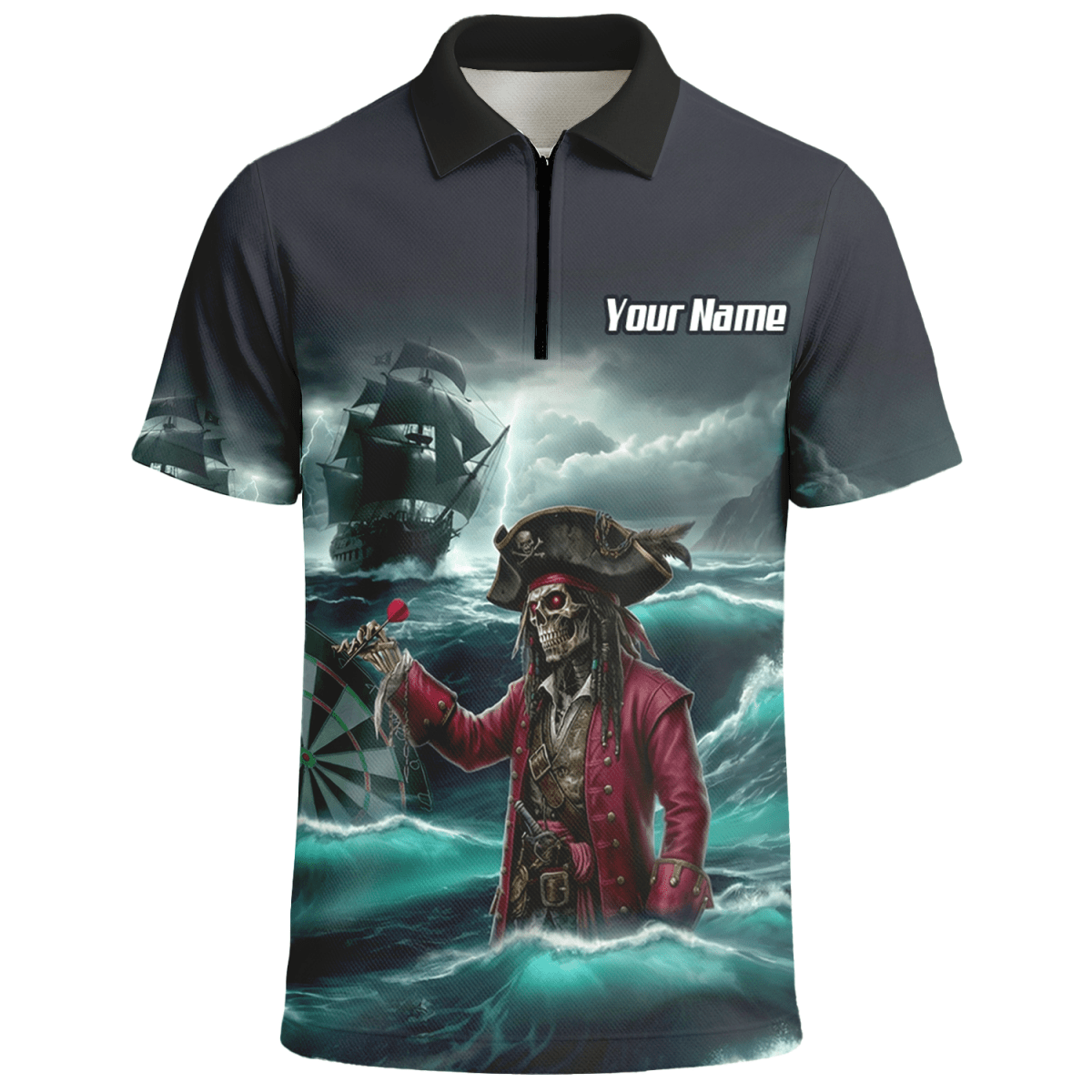 Personalisiertes Piraten - Skelett Dart - Trikot Polo und Reißverschluss für Herren – Geisterschiff Blau Schwarz L3926 - Outfitsuche