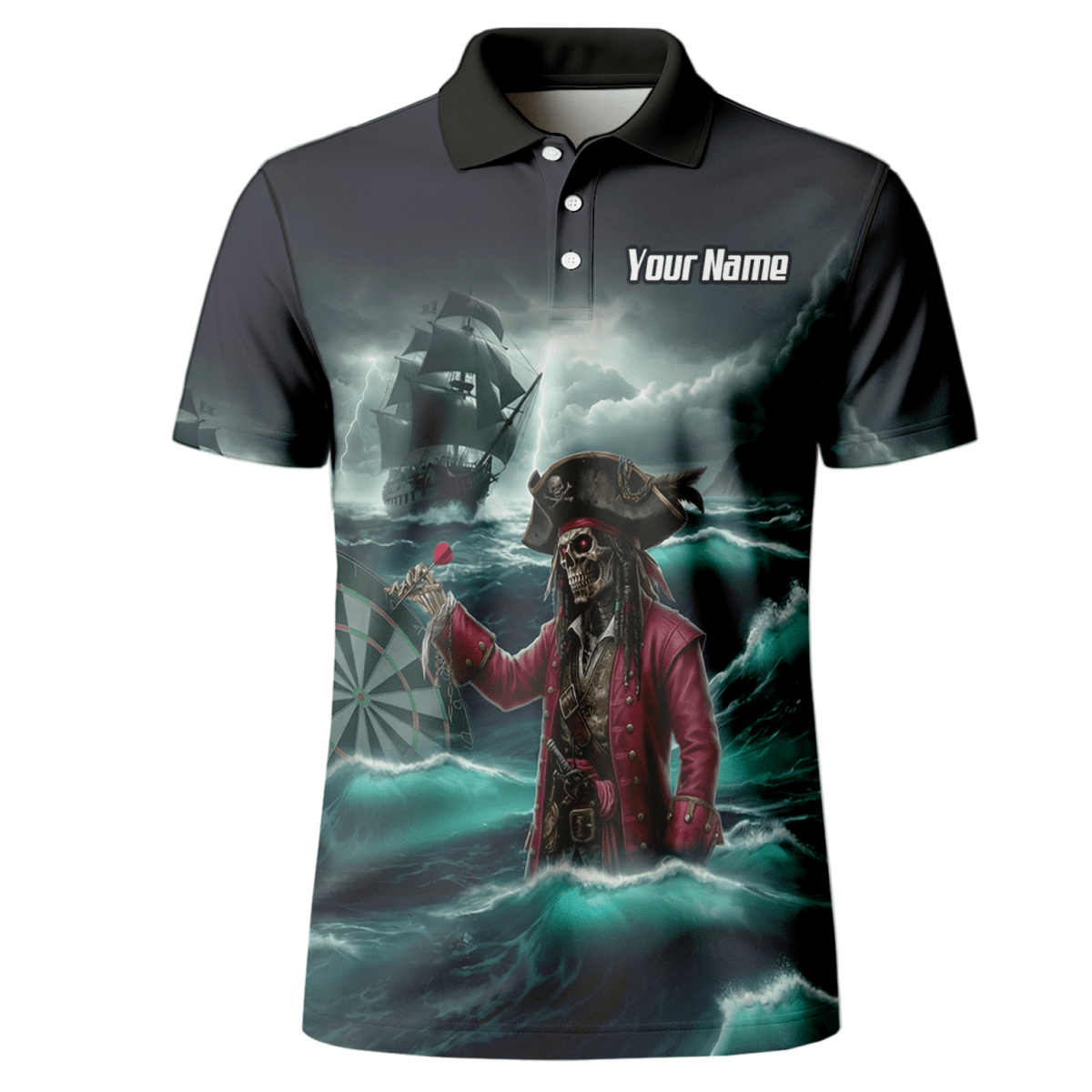 Personalisiertes Piraten - Skelett Dart - Trikot Polo und Reißverschluss für Herren – Geisterschiff Blau Schwarz L3926 - Outfitsuche