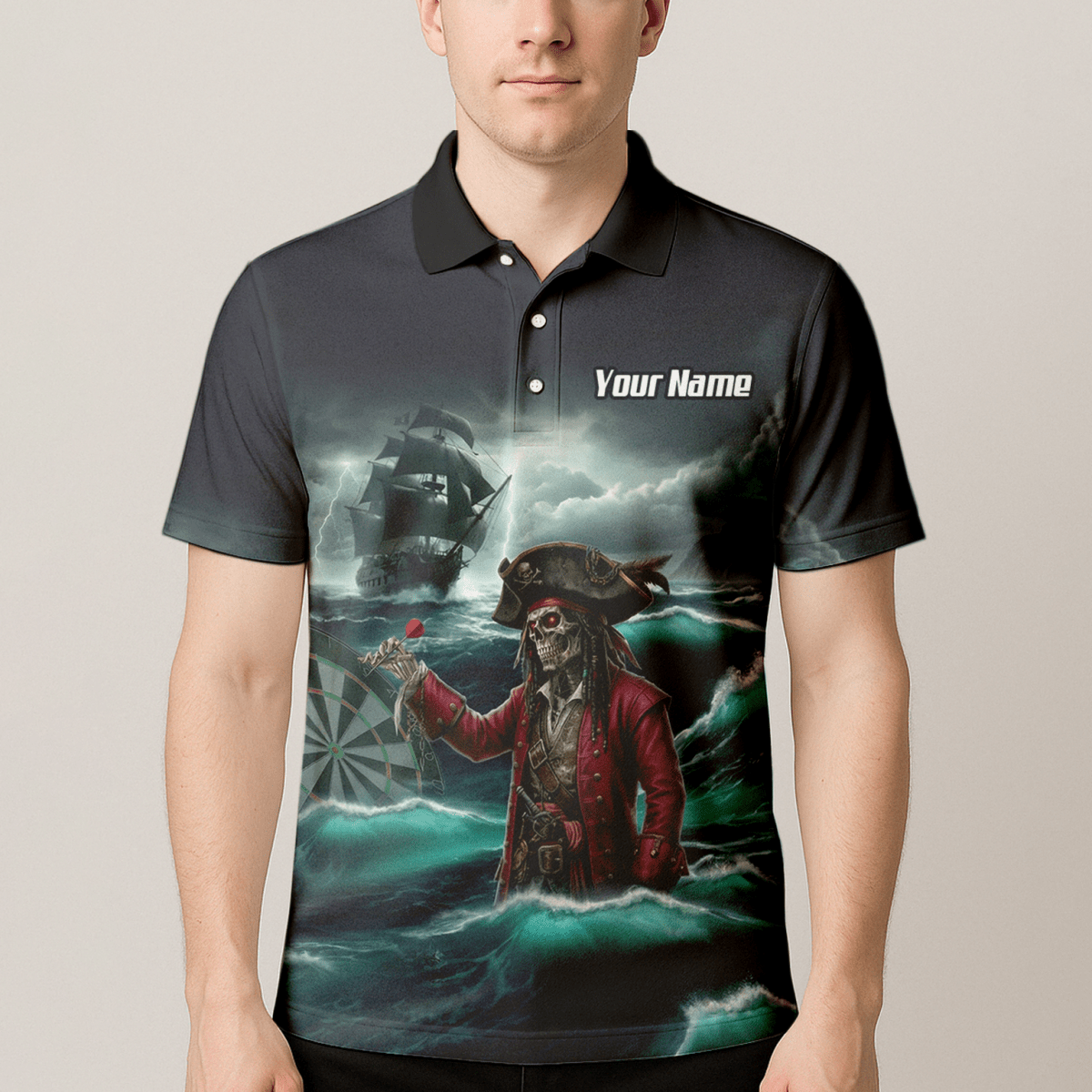 Personalisiertes Piraten - Skelett Dart - Trikot Polo und Reißverschluss für Herren – Geisterschiff Blau Schwarz L3926 - Outfitsuche