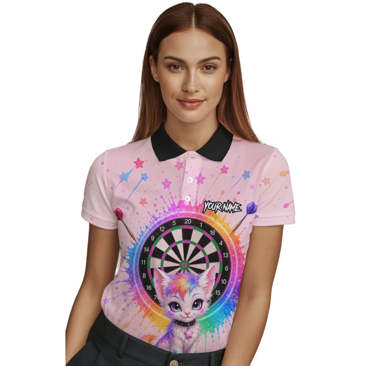Personalisiertes rosa Dartboard mit Regenbogen-Kätzchen Dartshirt für Damen X398 - Outfitsuche