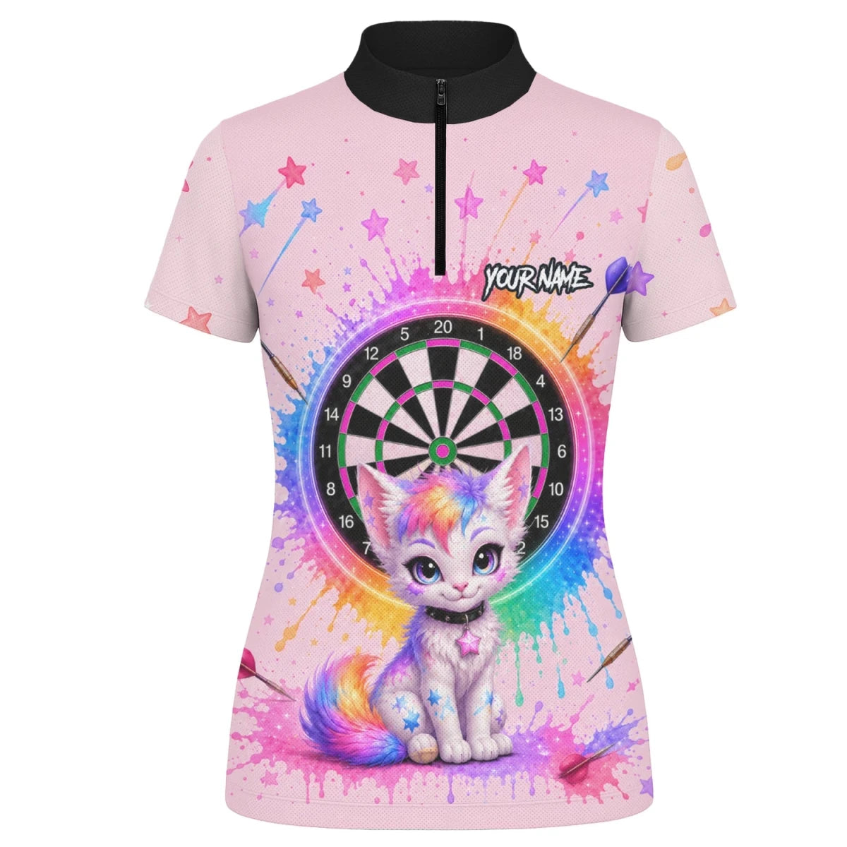Personalisiertes rosa Dartboard mit Regenbogen-Kätzchen Dartshirt für Damen X398 - Outfitsuche