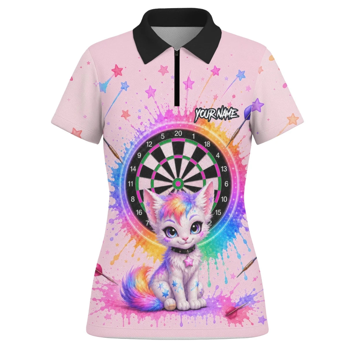 Personalisiertes rosa Dartboard mit Regenbogen-Kätzchen Dartshirt für Damen X398 - Outfitsuche