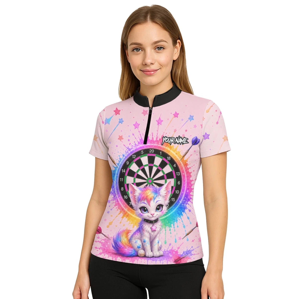 Personalisiertes rosa Dartboard mit Regenbogen-Kätzchen Dartshirt für Damen X398 - Outfitsuche