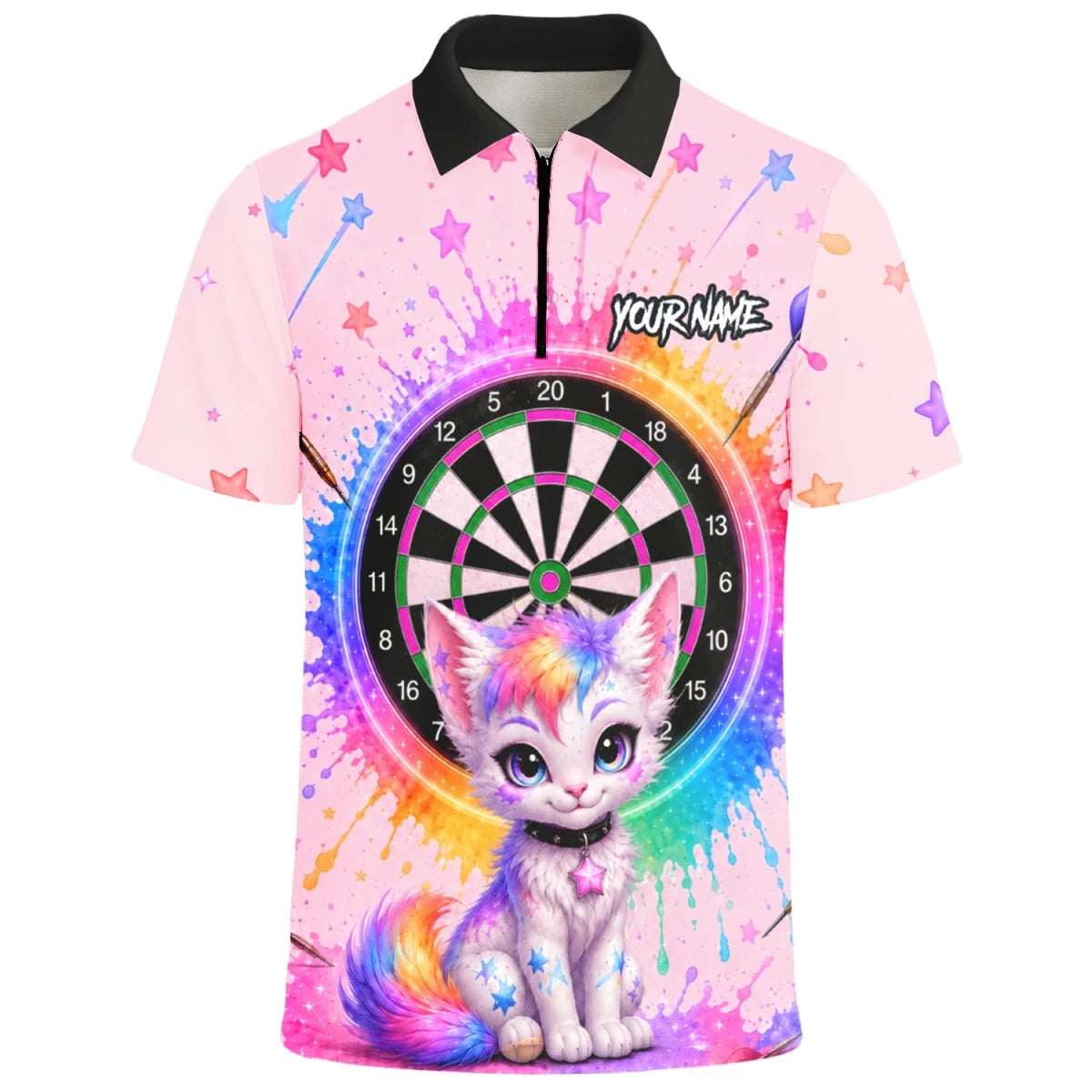 Personalisiertes rosa Dartboard mit Regenbogen-Kätzchen Dartshirt für Herren X398 - Outfitsuche