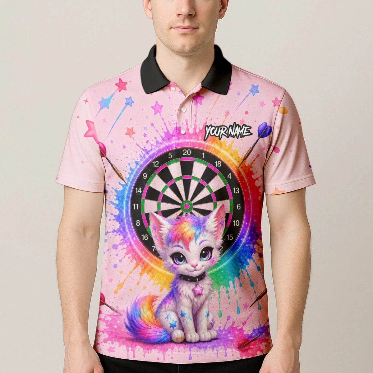 Personalisiertes rosa Dartboard mit Regenbogen-Kätzchen Dartshirt für Herren X398 - Outfitsuche