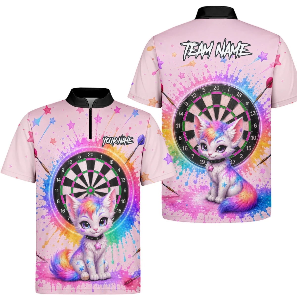 Personalisiertes rosa Dartboard mit Regenbogen-Kätzchen Dartshirt für Herren X398 - Outfitsuche