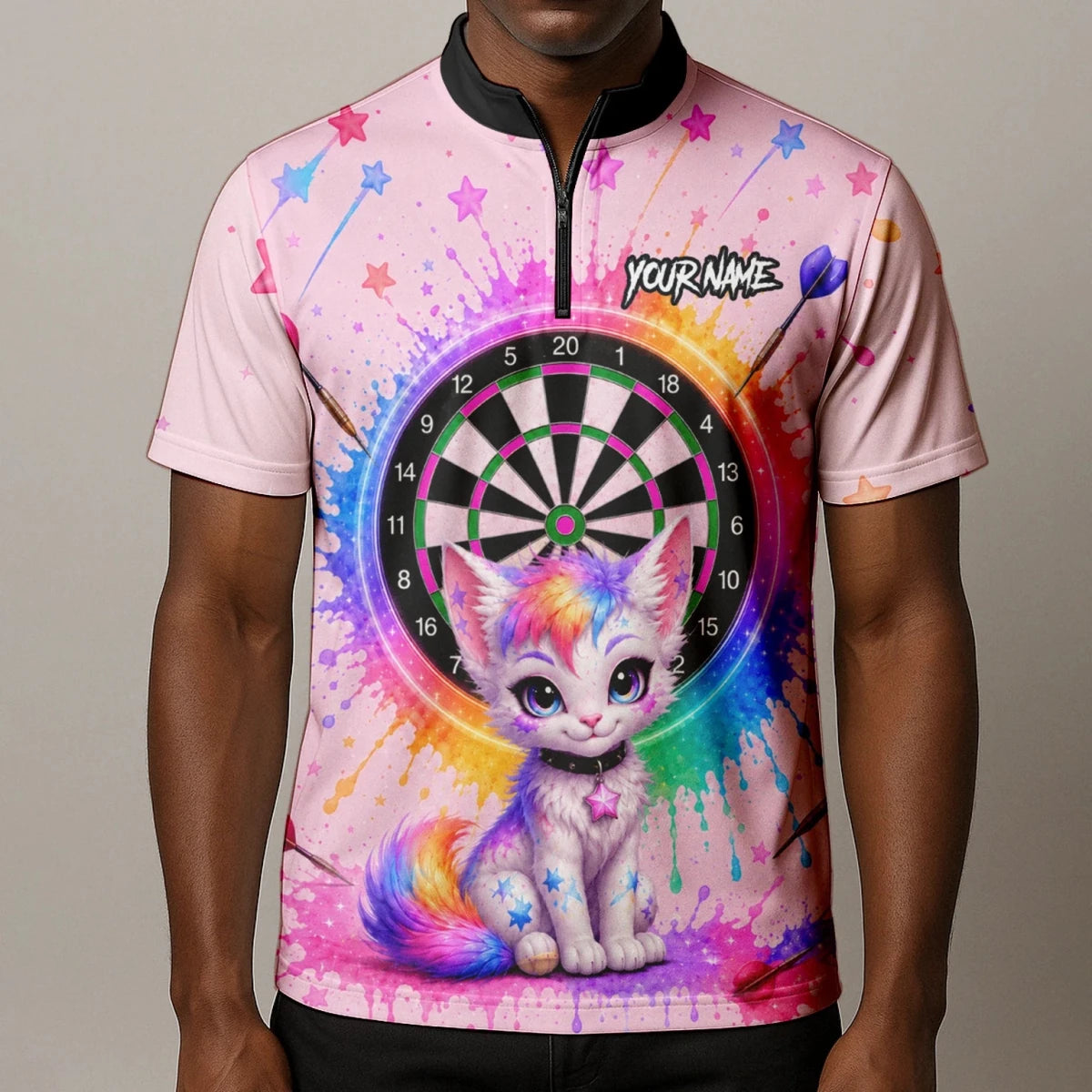 Personalisiertes rosa Dartboard mit Regenbogen-Kätzchen Dartshirt für Herren X398 - Outfitsuche