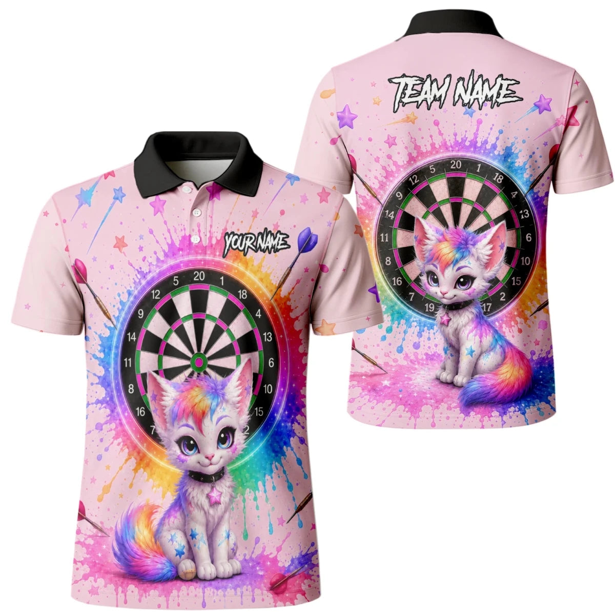 Personalisiertes rosa Dartboard mit Regenbogen-Kätzchen Dartshirt für Herren X398 - Outfitsuche