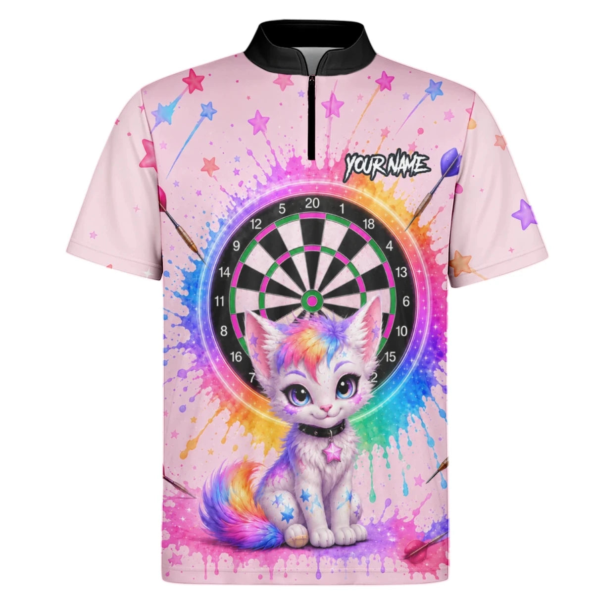 Personalisiertes rosa Dartboard mit Regenbogen-Kätzchen Dartshirt für Herren X398 - Outfitsuche