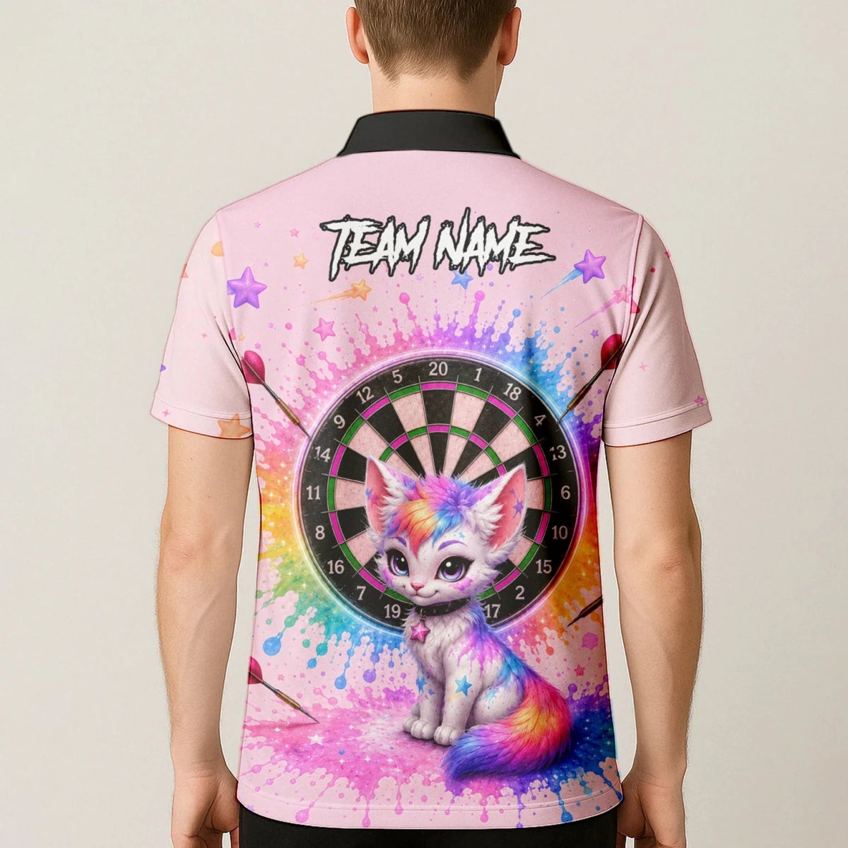 Personalisiertes rosa Dartboard mit Regenbogen-Kätzchen Dartshirt für Herren X398 - Outfitsuche