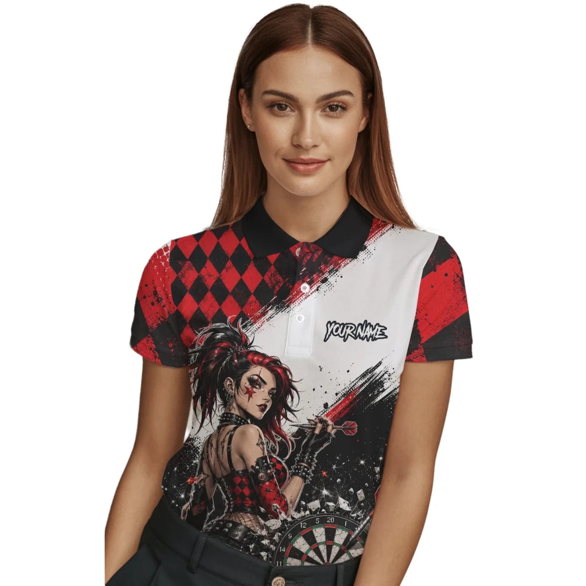 Personalisiertes Rot-schwarzes Gothic-Harlekin Dart Poloshirt für Damen K572 - Outfitsuche