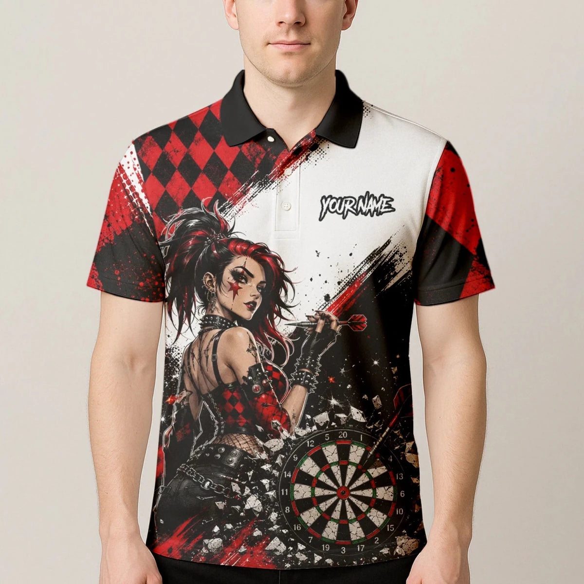 Personalisiertes Rot-schwarzes Gothic-Harlekin Dart Poloshirt für Herren K572 - Outfitsuche