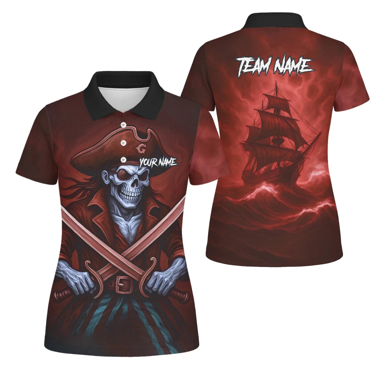 Personalisiertes Rot-schwarzes Piratenschädel-Kreuzschwerter-Dartshirt für Damen TR8209 - Outfitsuche