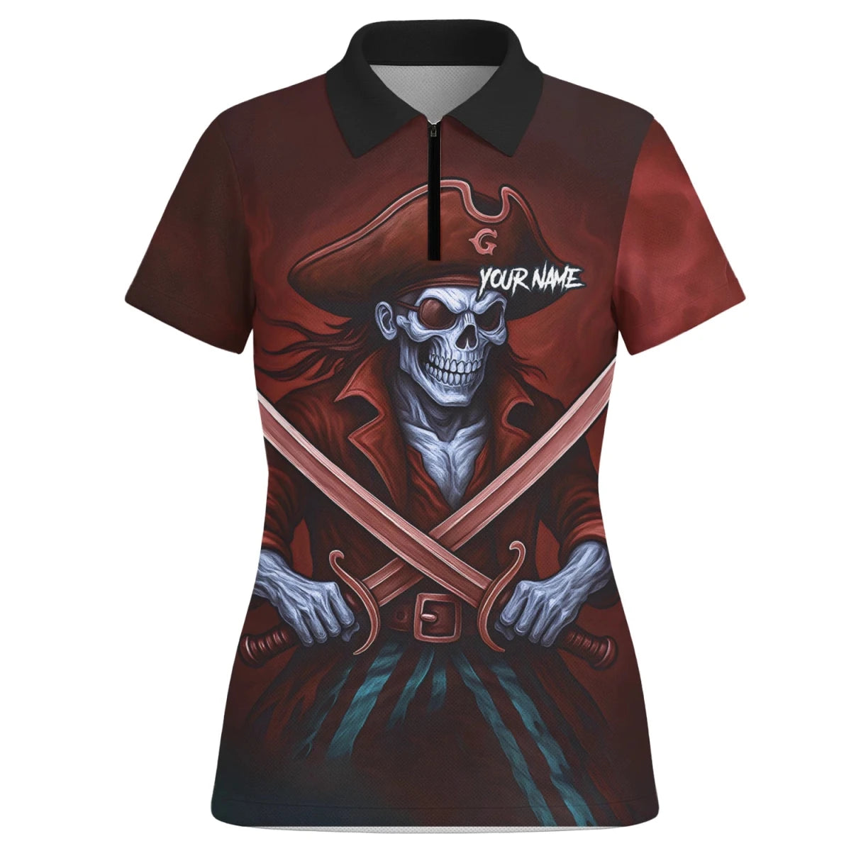 Personalisiertes Rot-schwarzes Piratenschädel-Kreuzschwerter-Dartshirt für Damen TR8209 - Outfitsuche