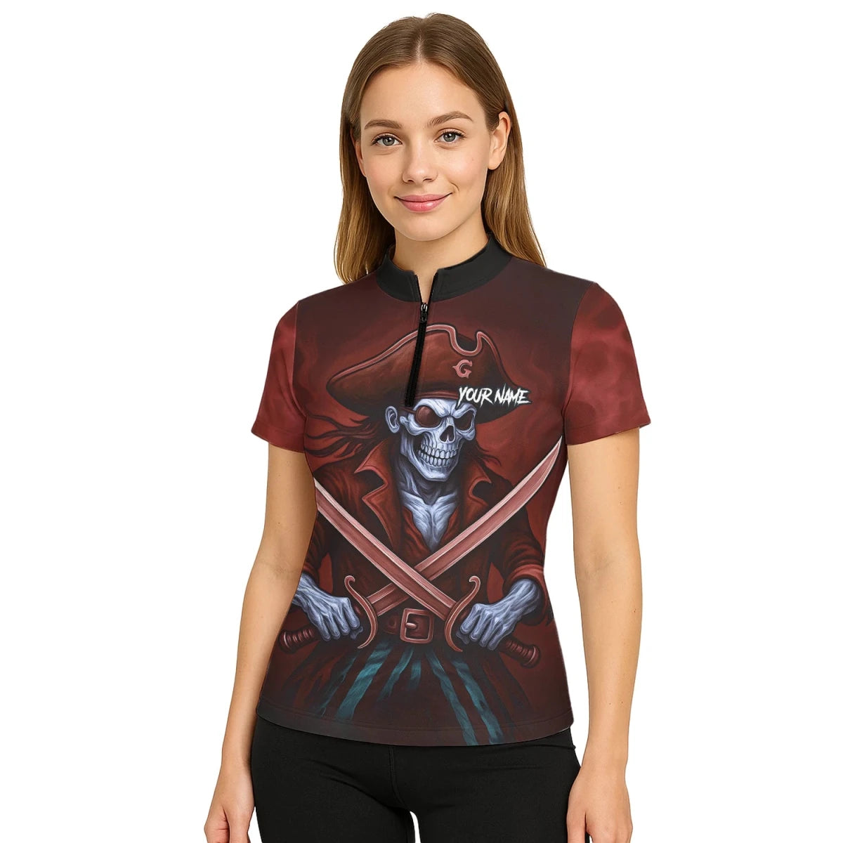 Personalisiertes Rot-schwarzes Piratenschädel-Kreuzschwerter-Dartshirt für Damen TR8209 - Outfitsuche