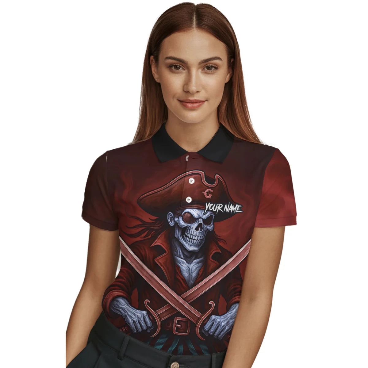 Personalisiertes Rot-schwarzes Piratenschädel-Kreuzschwerter-Dartshirt für Damen TR8209 - Outfitsuche