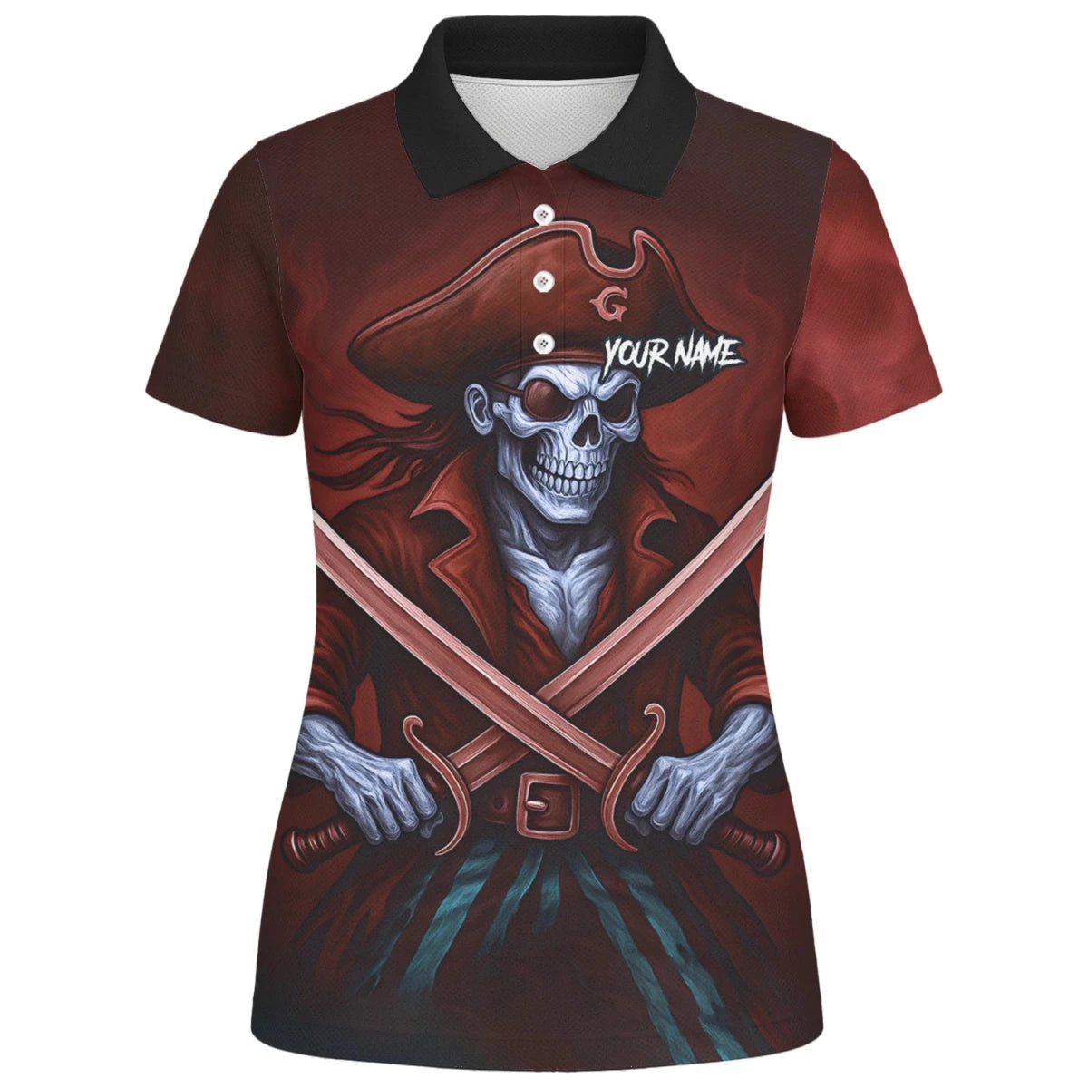 Personalisiertes Rot-schwarzes Piratenschädel-Kreuzschwerter-Dartshirt für Damen TR8209 - Outfitsuche