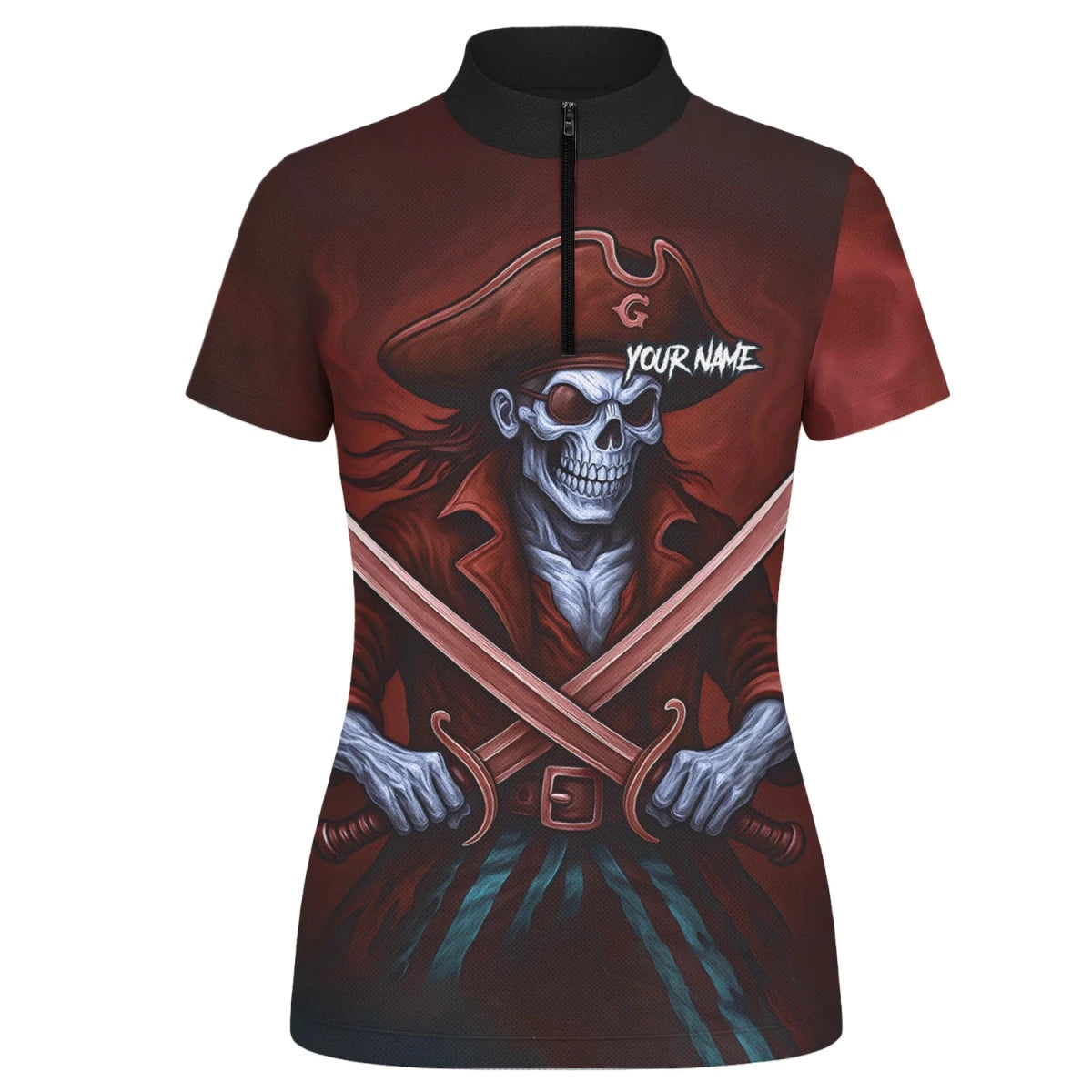 Personalisiertes Rot-schwarzes Piratenschädel-Kreuzschwerter-Dartshirt für Damen TR8209 - Outfitsuche