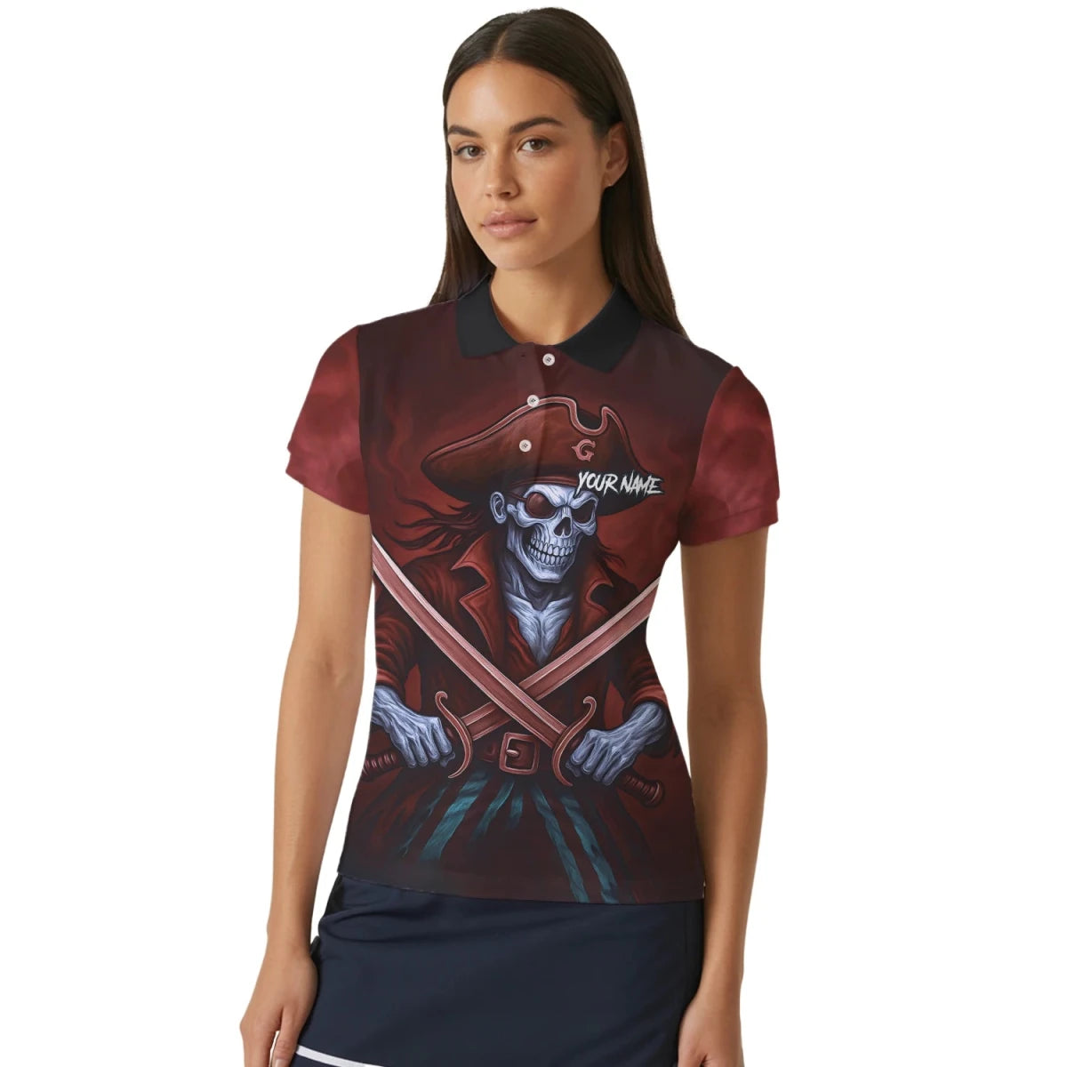 Personalisiertes Rot-schwarzes Piratenschädel-Kreuzschwerter-Dartshirt für Damen TR8209 - Outfitsuche