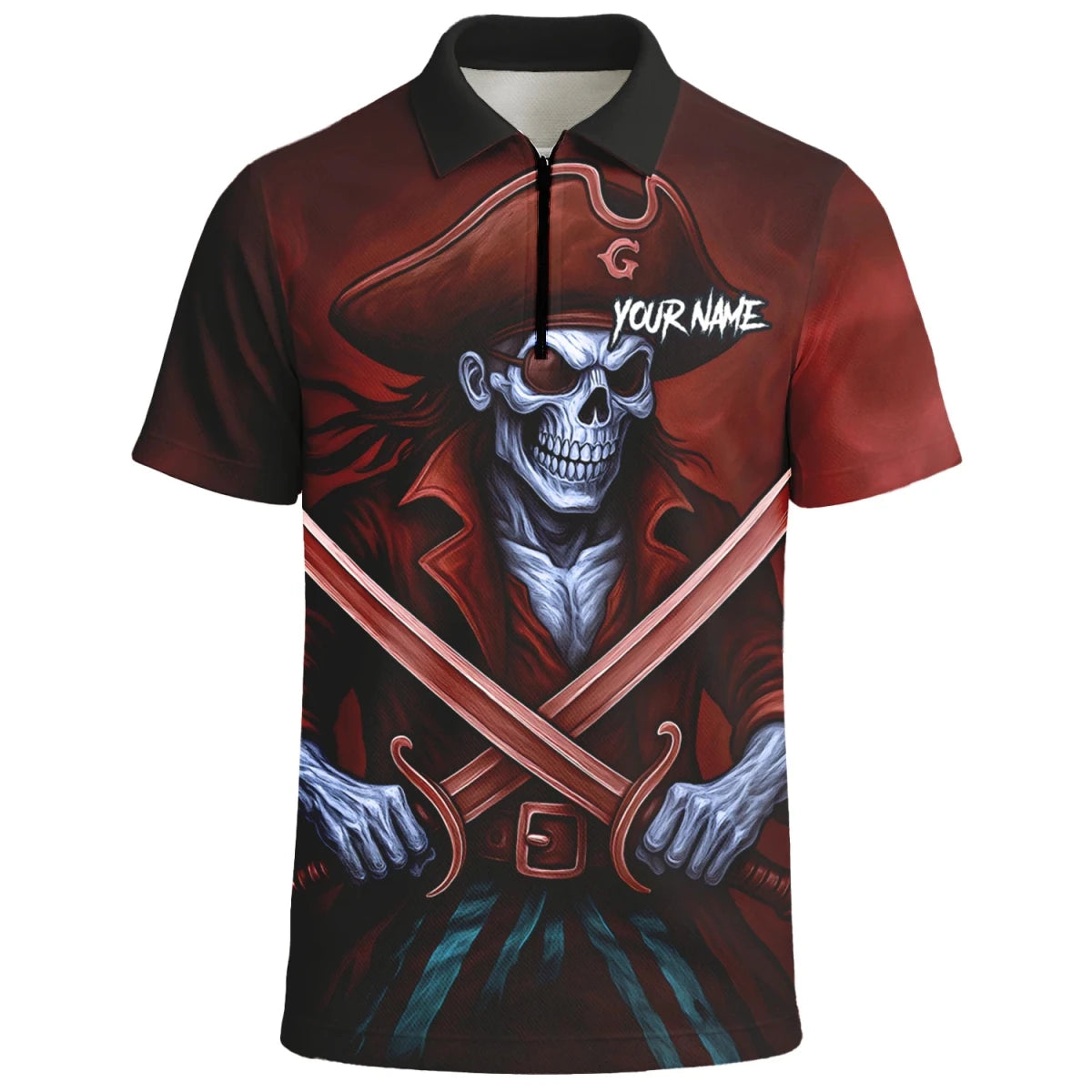 Personalisiertes Rot-schwarzes Piratenschädel-Kreuzschwerter-Dartshirt für Herren TR8209 - Outfitsuche
