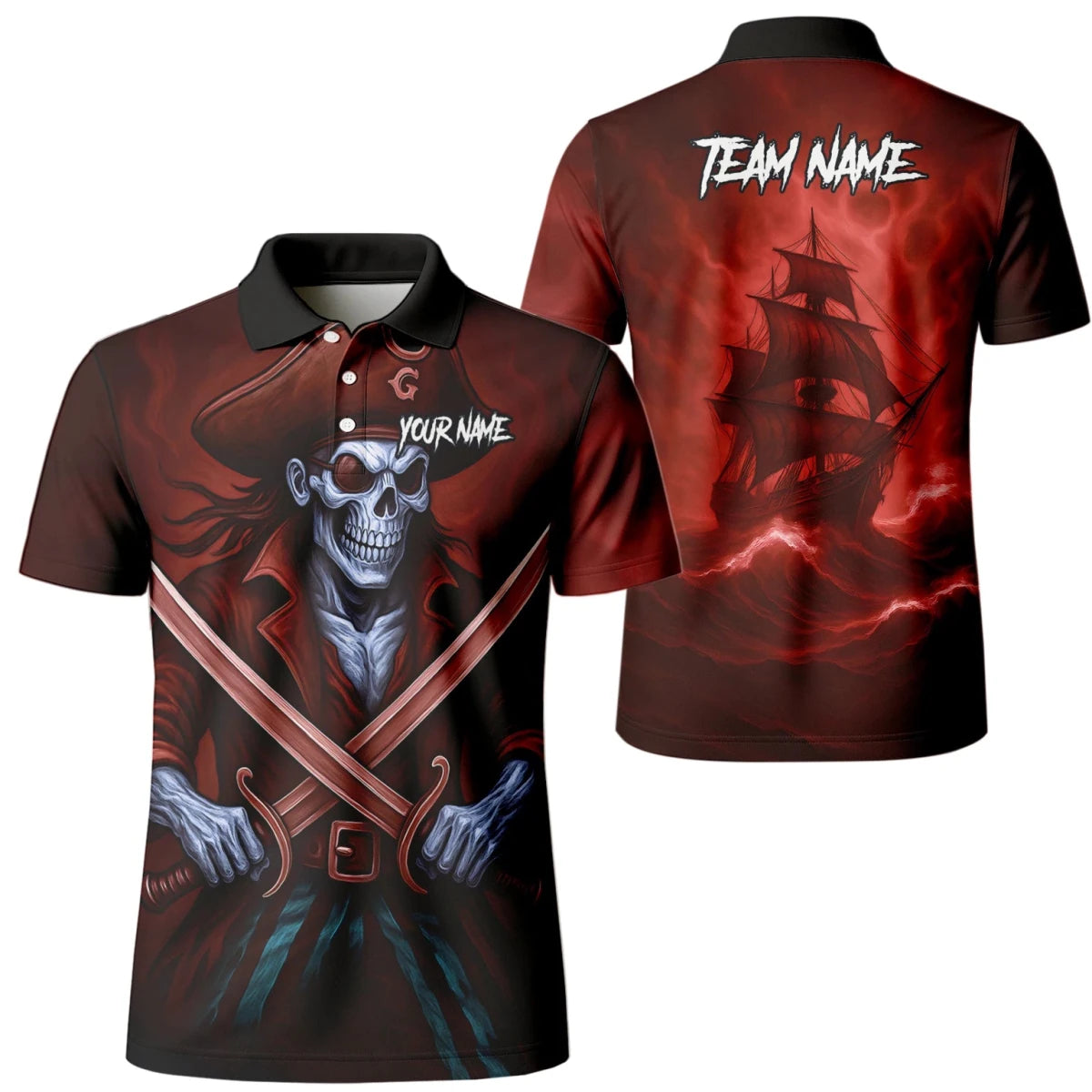 Personalisiertes Rot-schwarzes Piratenschädel-Kreuzschwerter-Dartshirt für Herren TR8209 - Outfitsuche