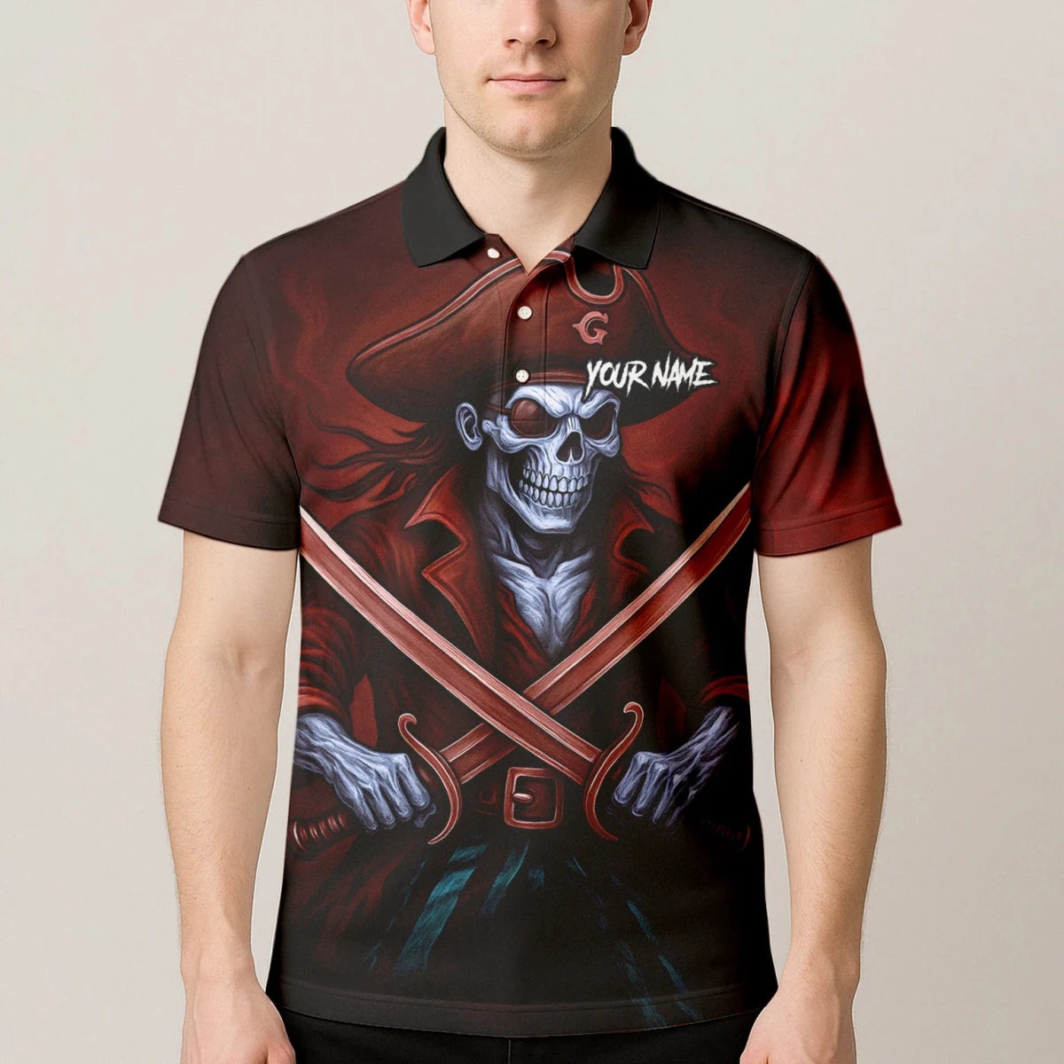 Personalisiertes Rot-schwarzes Piratenschädel-Kreuzschwerter-Dartshirt für Herren TR8209 - Outfitsuche