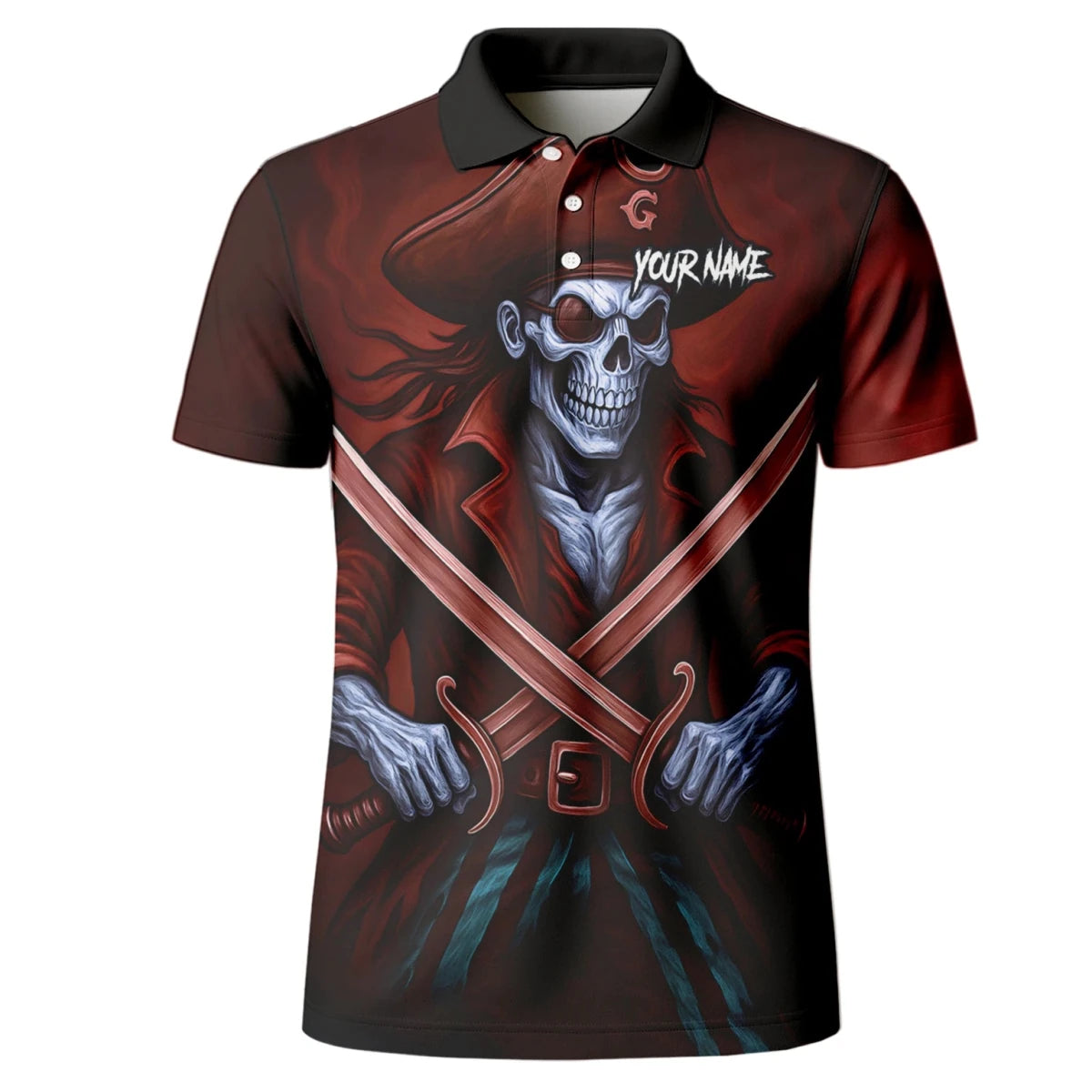 Personalisiertes Rot-schwarzes Piratenschädel-Kreuzschwerter-Dartshirt für Herren TR8209 - Outfitsuche