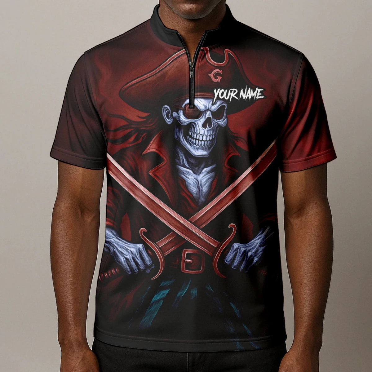Personalisiertes Rot-schwarzes Piratenschädel-Kreuzschwerter-Dartshirt für Herren TR8209 - Outfitsuche