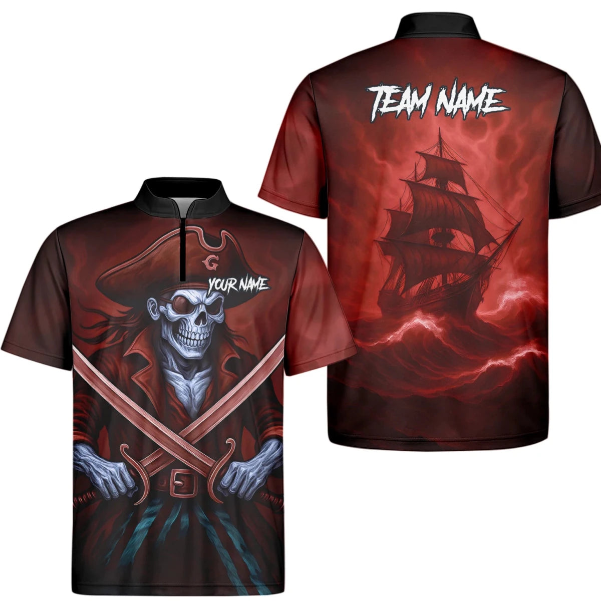Personalisiertes Rot-schwarzes Piratenschädel-Kreuzschwerter-Dartshirt für Herren TR8209 - Outfitsuche