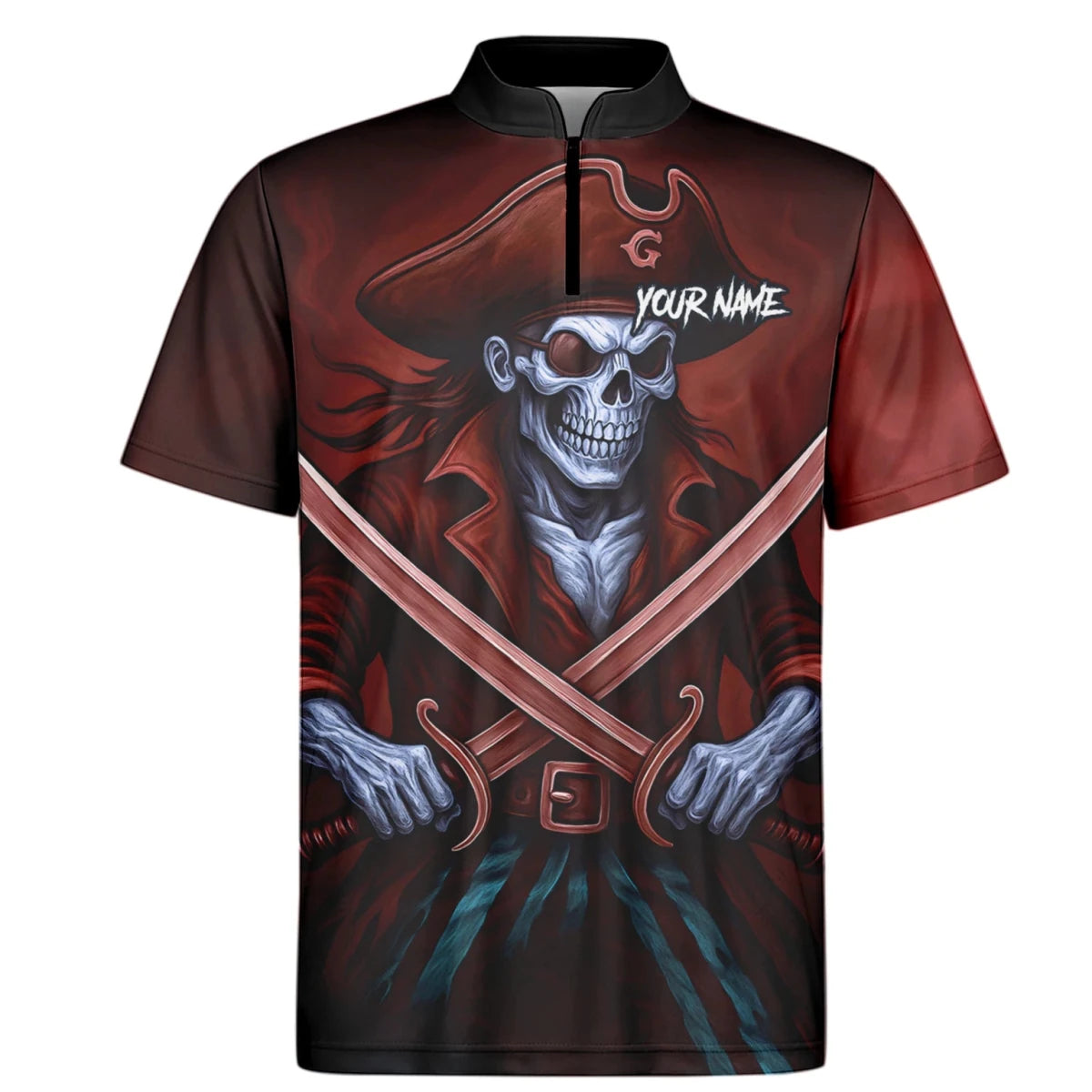 Personalisiertes Rot-schwarzes Piratenschädel-Kreuzschwerter-Dartshirt für Herren TR8209 - Outfitsuche