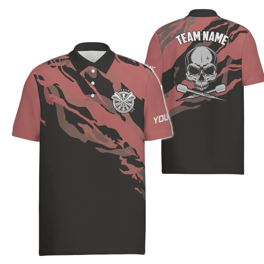 Personalisiertes rotes Herren Polo-Shirt mit Totenkopf-Darts, individuell anpassbares Dart-Shirt für Männer, Dart-Trikots C8307 - Outfitsuche